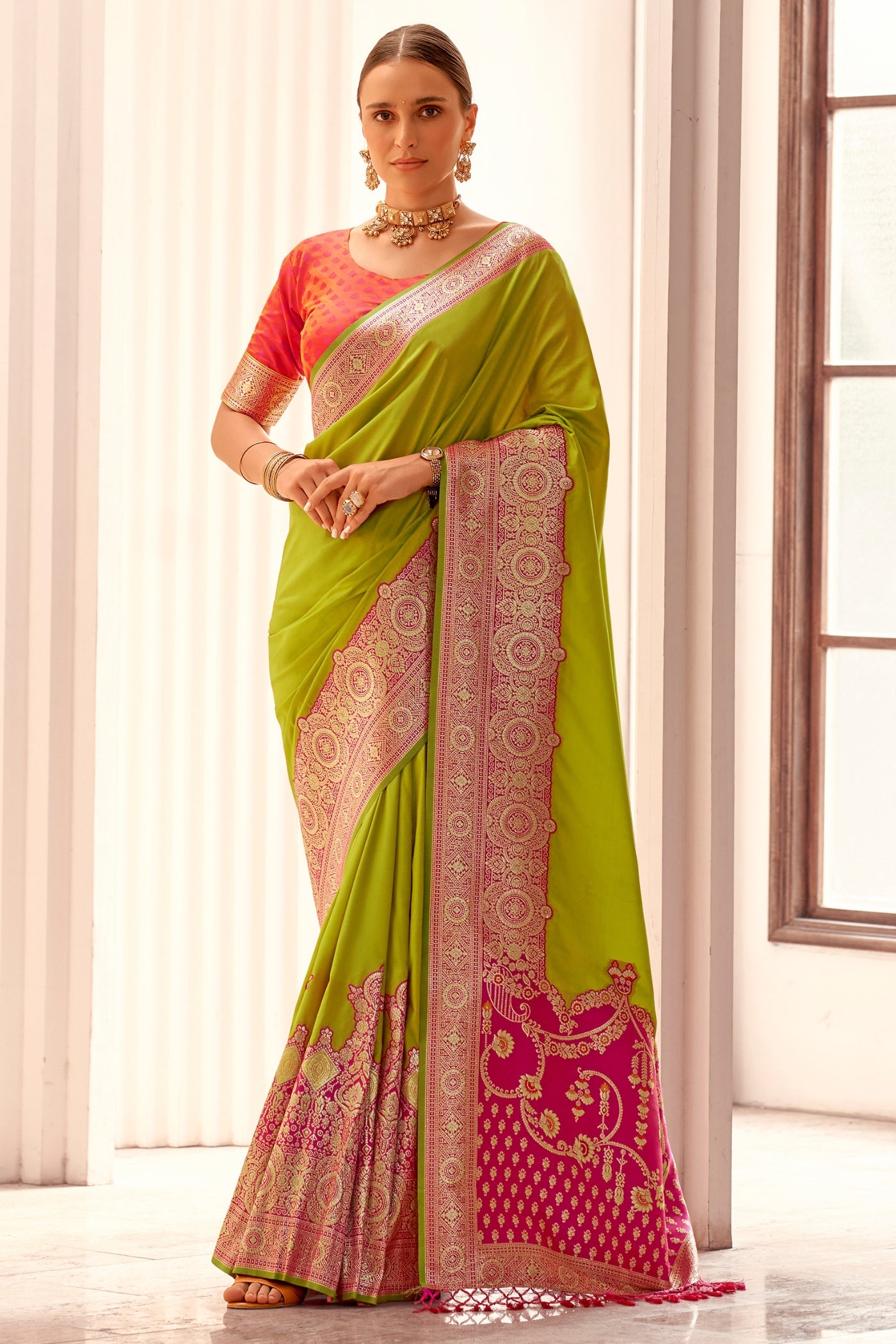 Buy MySilkLove Spring Green Woven Banarasi Soft Silk Saree Online