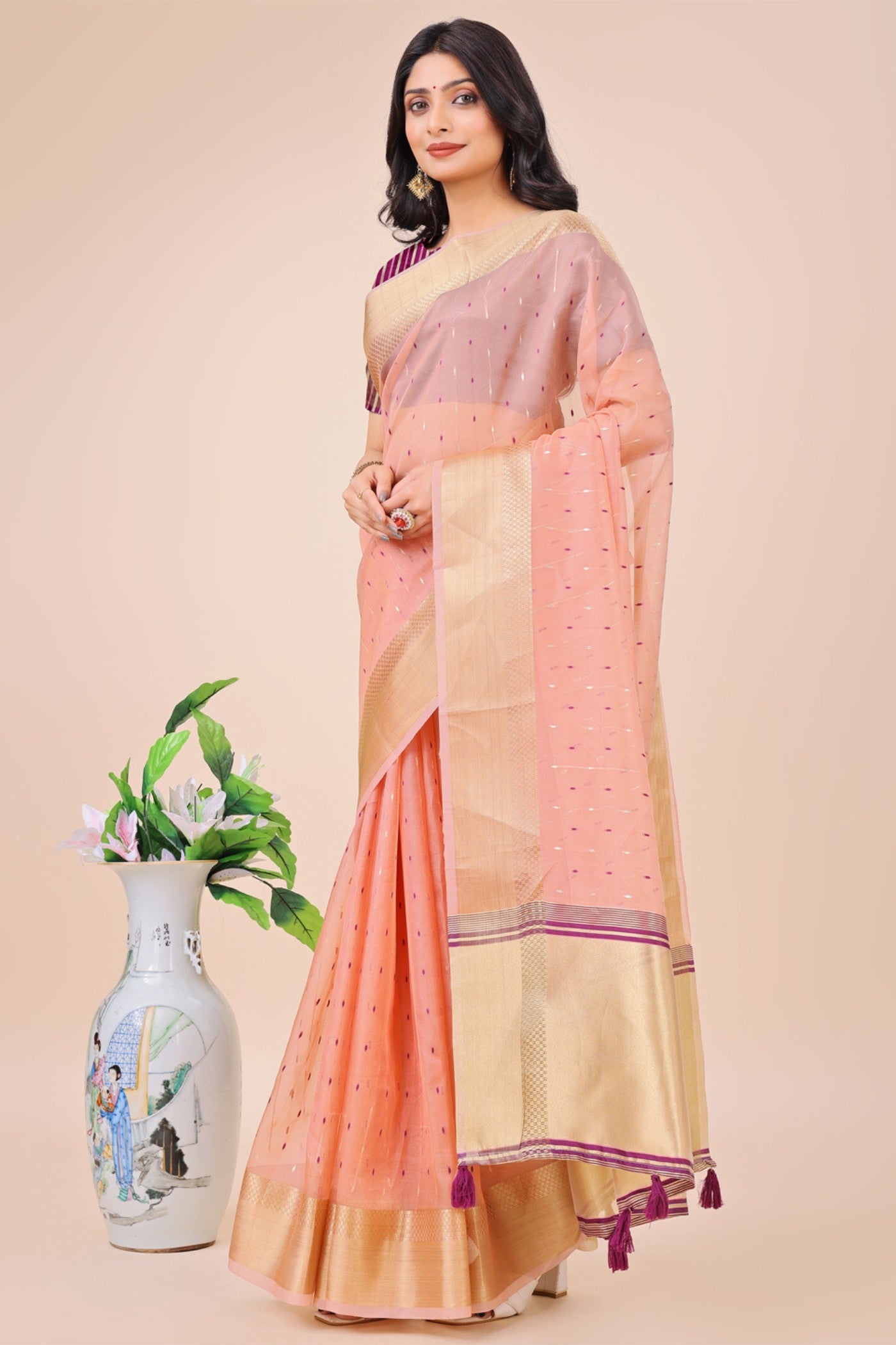 Buy MySilkLove Melon Peach Woven Organza Saree Online
