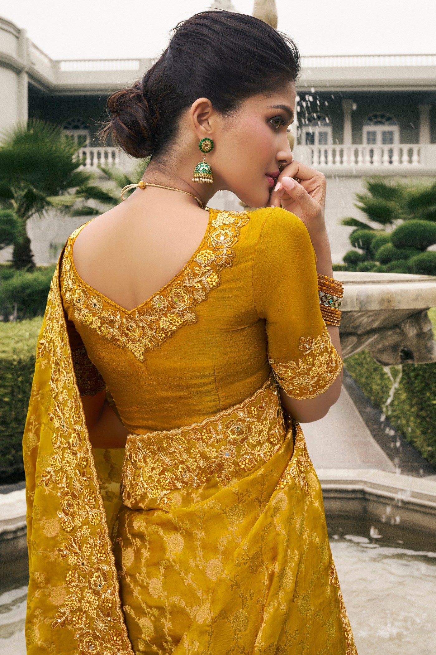 Buy MySilkLove Mango Yellow Banarasi Designer Embroidered Saree Online