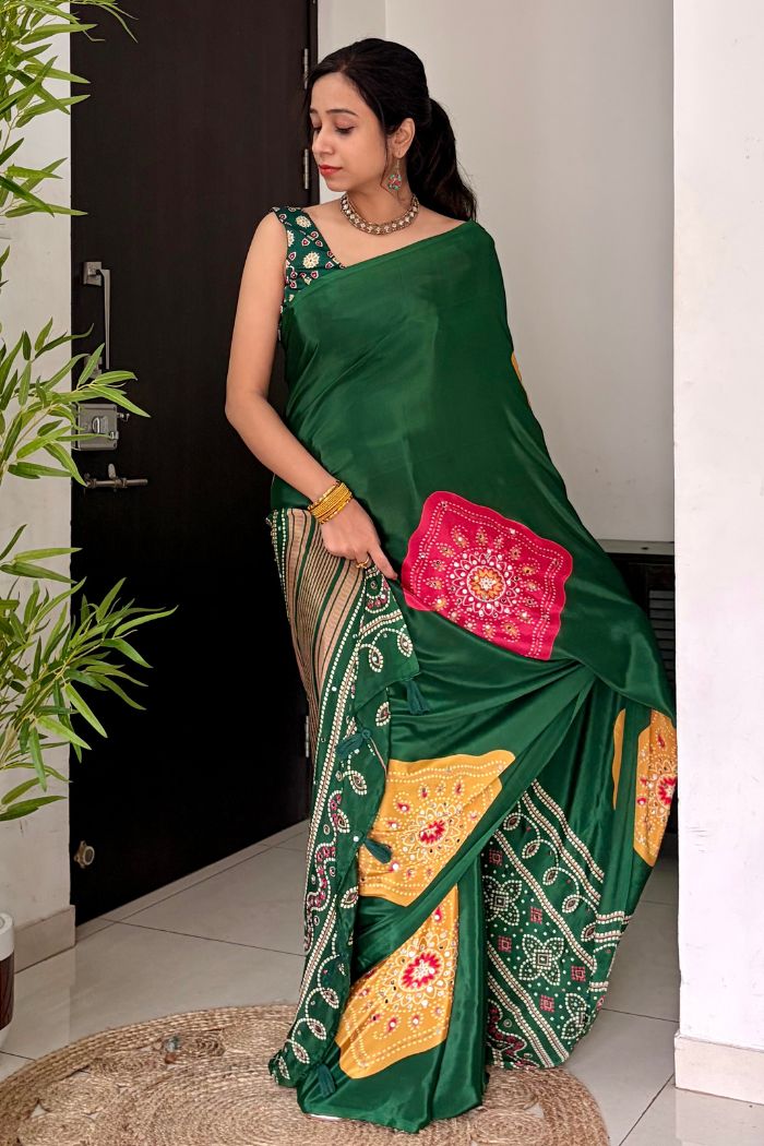 Buy MySilkLove Leaf Green Ajrakh Satin Printed Mirror Work Saree Online