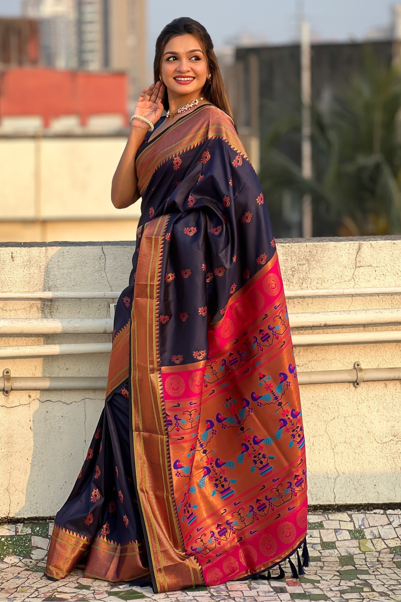 Buy MySilkLove Vulcan Blue Zari Woven Nath Paithani Saree Online