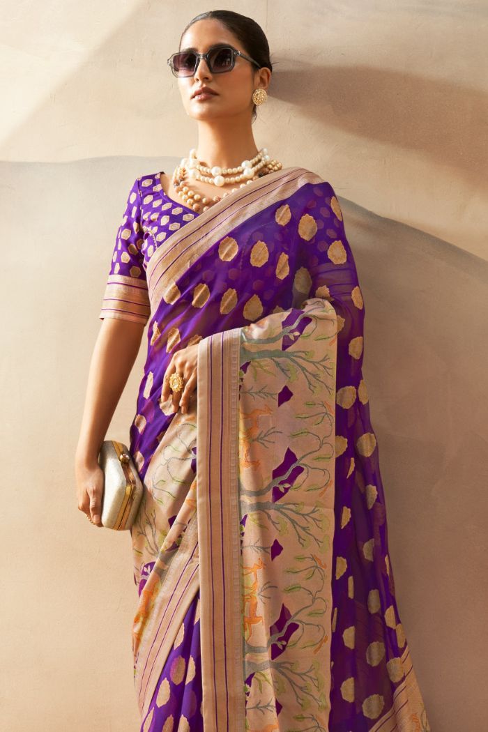 Buy MySilkLove Wine Berry Purple Woven Georgette saree Online