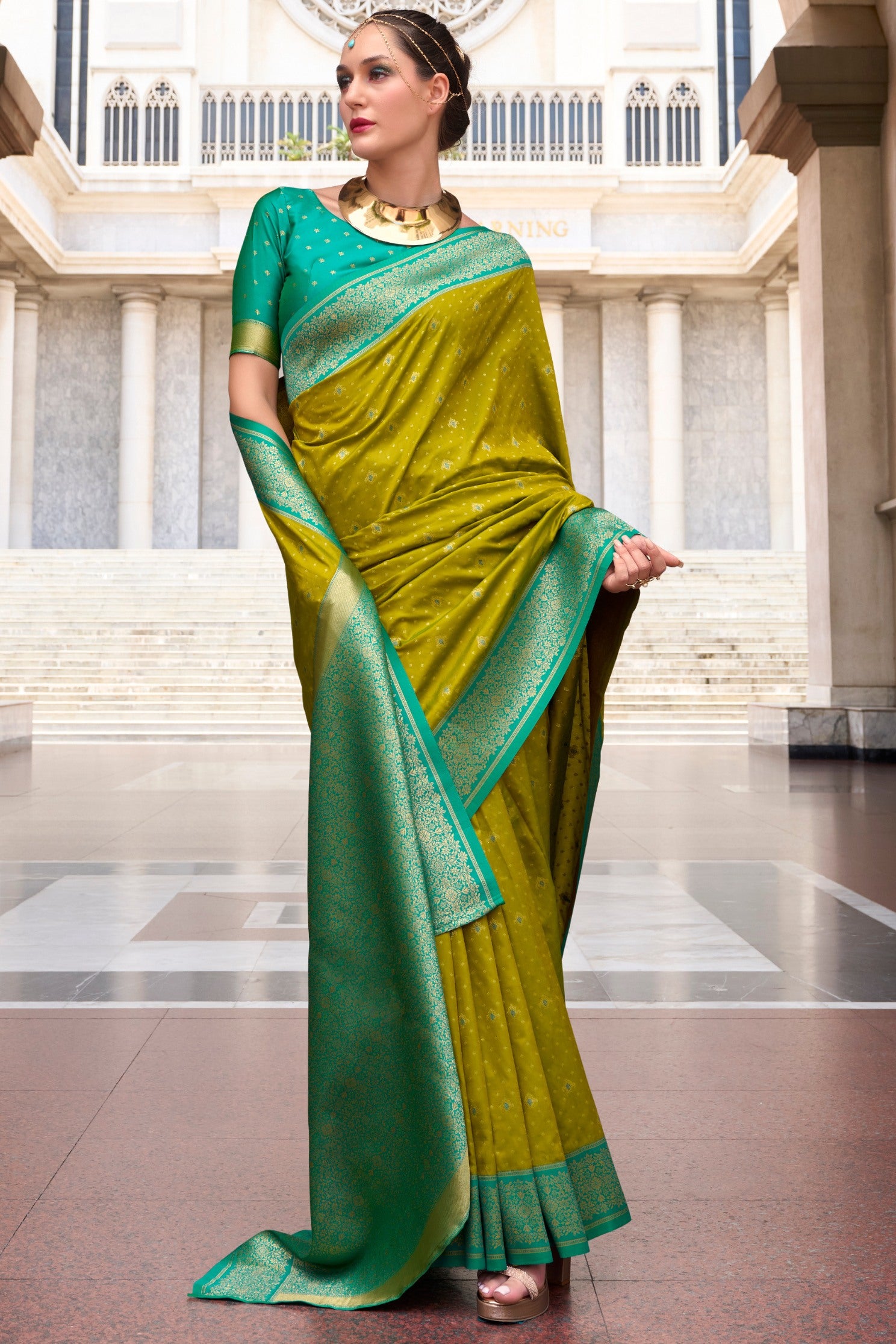 Buy MySilkLove Dark Mustard Green Zari Woven Banarasi Soft Silk Saree Online