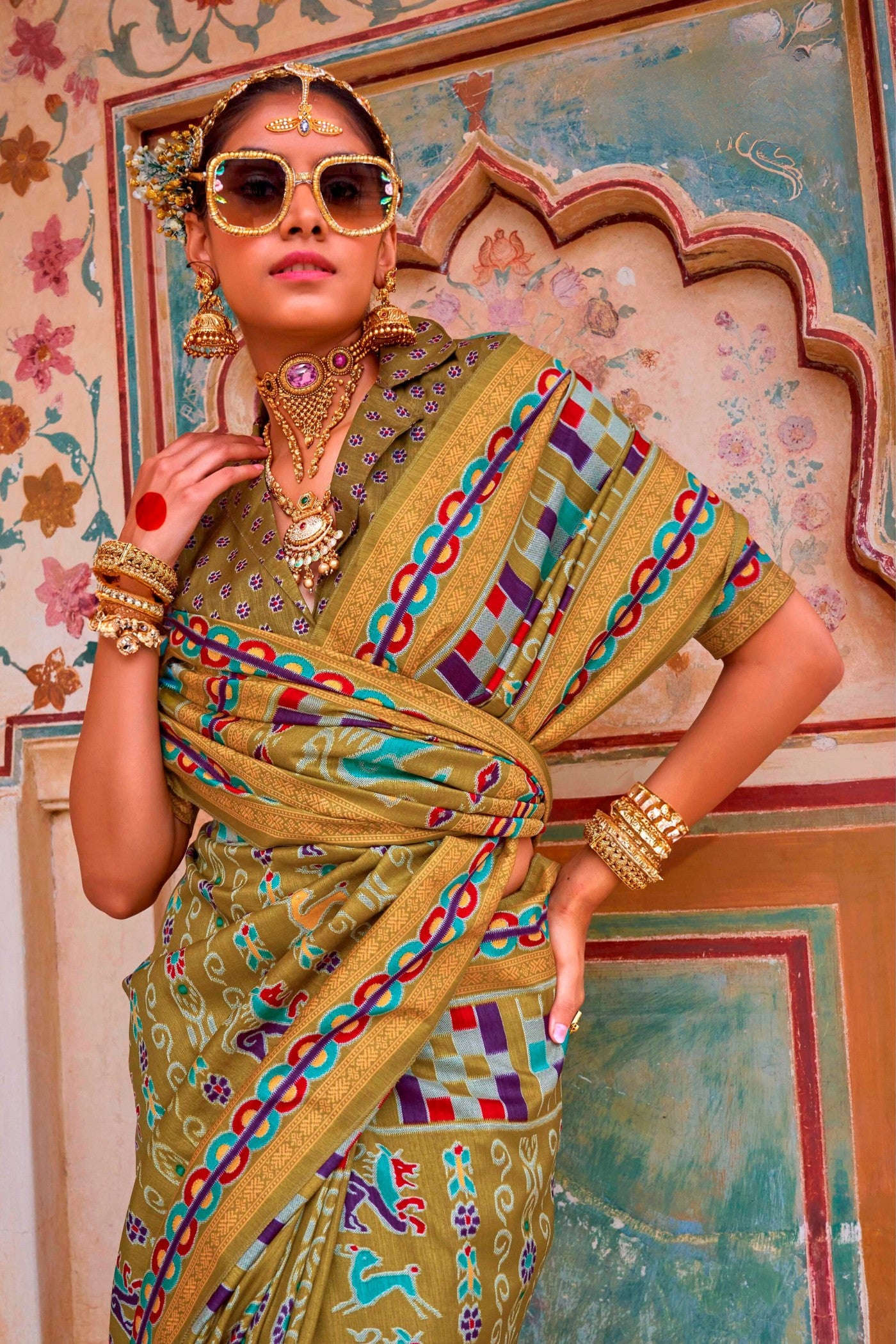 Buy MySilkLove Luxor Gold Green Printed Patola Saree Online