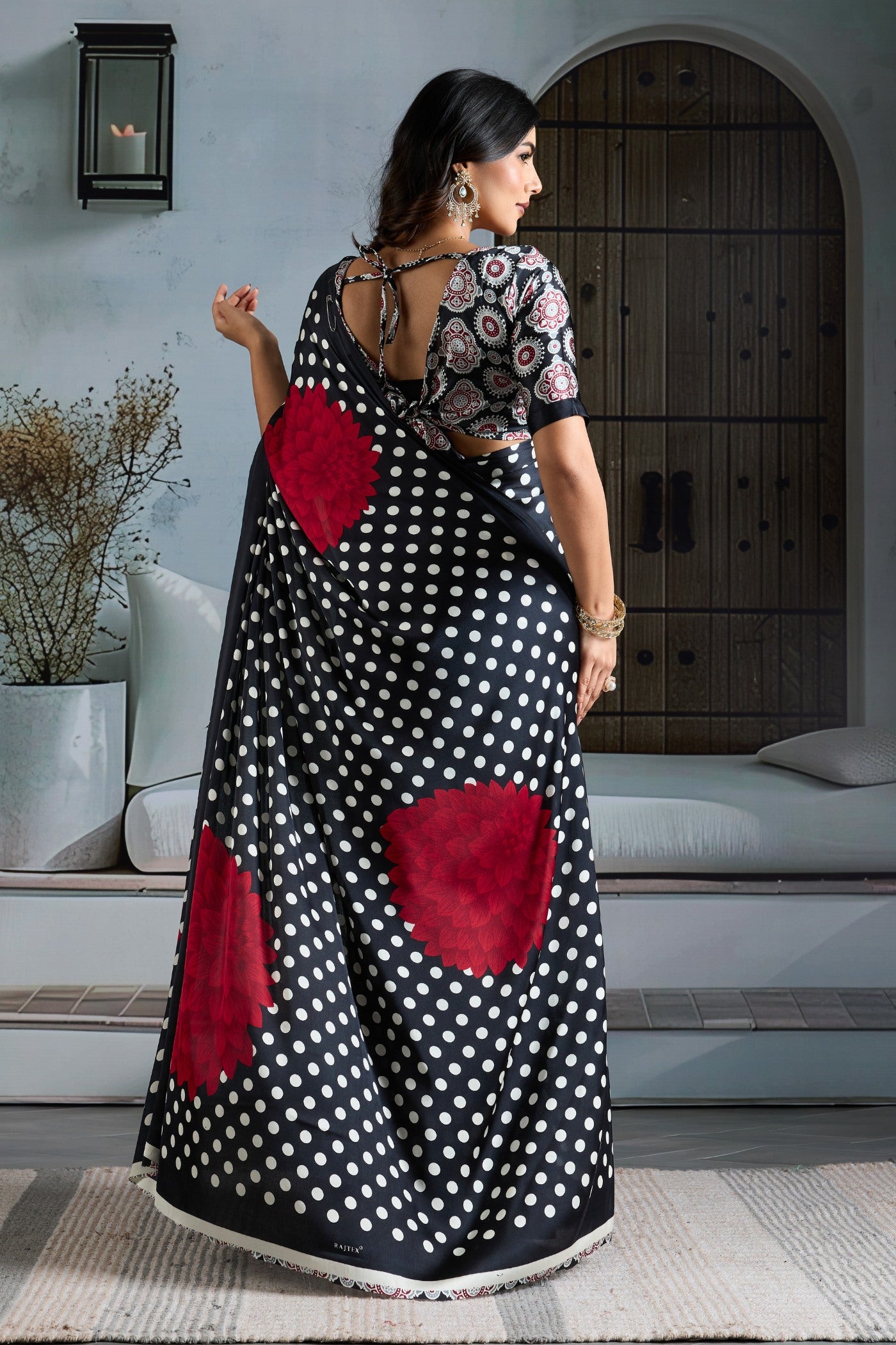 Buy MySilkLove Outer Black Printed Polka Dots Satin Crepe Saree Online