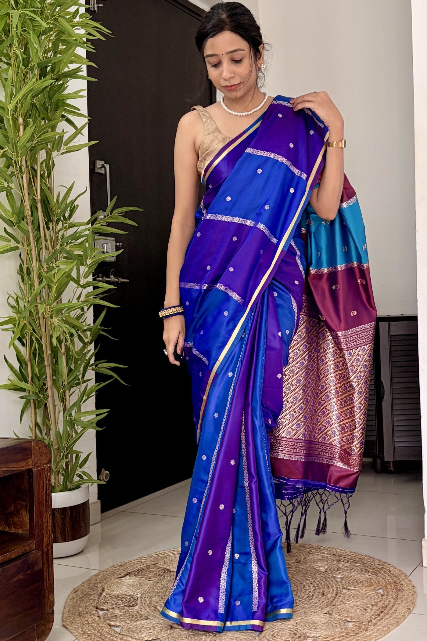 Buy MySilkLove Dark Blue Handloom Rangkat Banarasi Satin Silk Saree Online