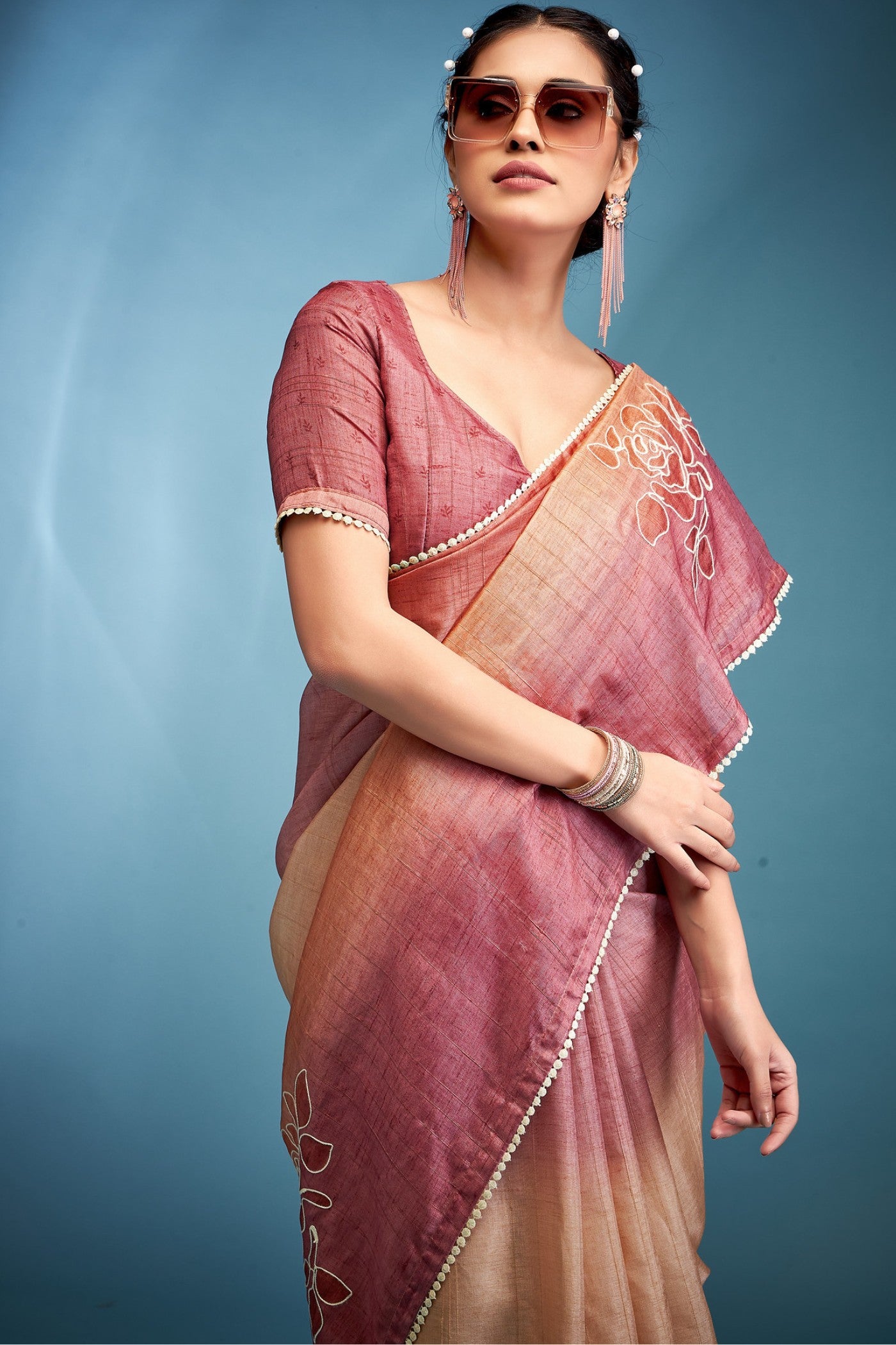 MySilkLove Cosmos Pink Designer Tussar Silk Saree