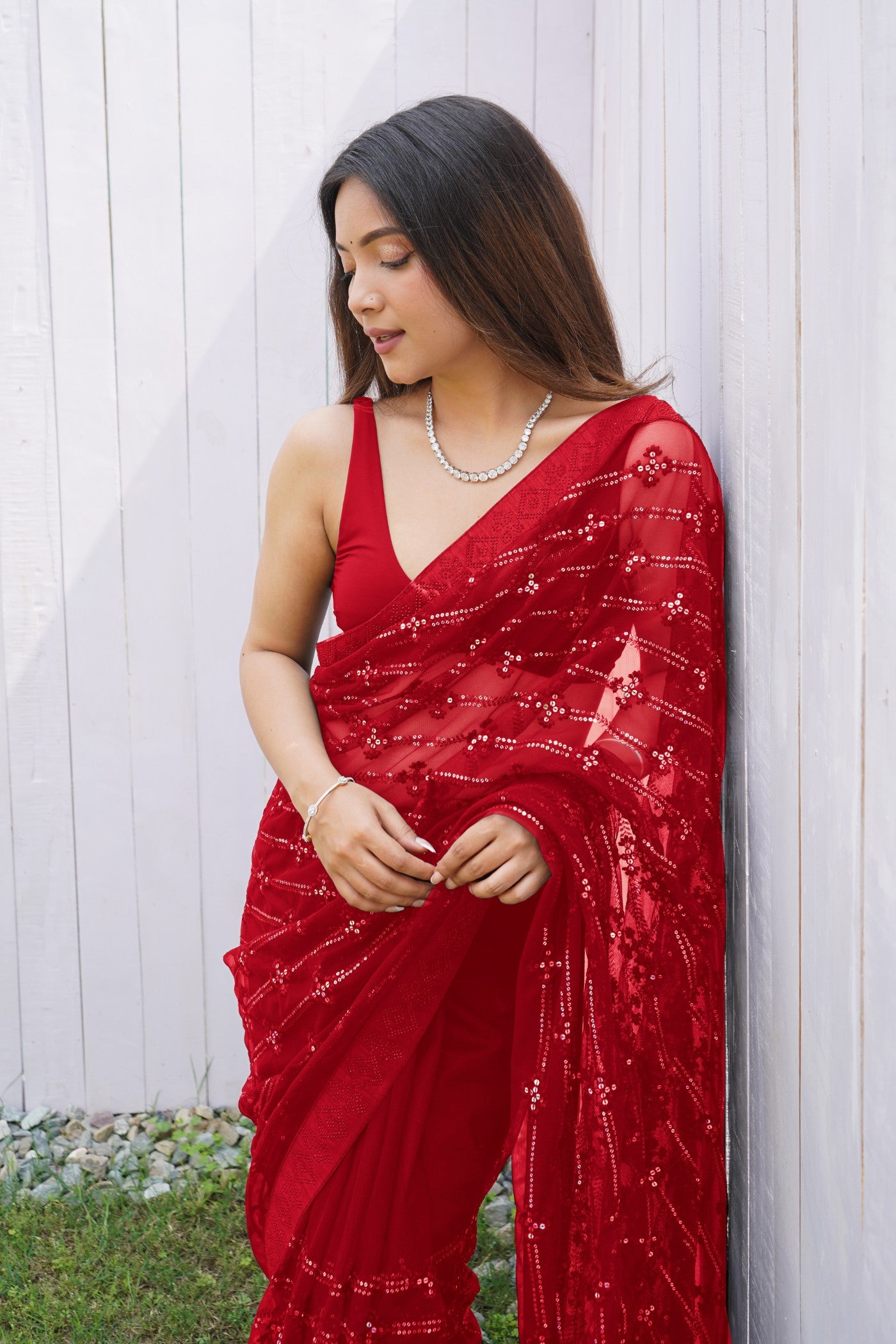 Buy MySilkLove Romantic Red Embroidered Partywear Saree Online