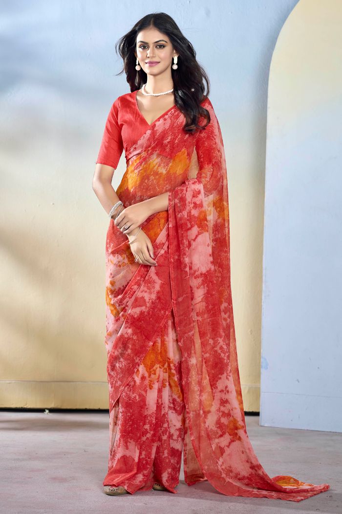 Buy MySilkLove Romanch Red Ready To Wear Georgette Saree Online