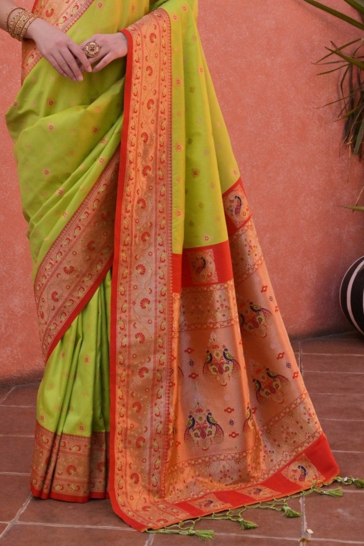 Buy MySilkLove Sunburst Green and Orange Zari Woven Paithani Saree Online