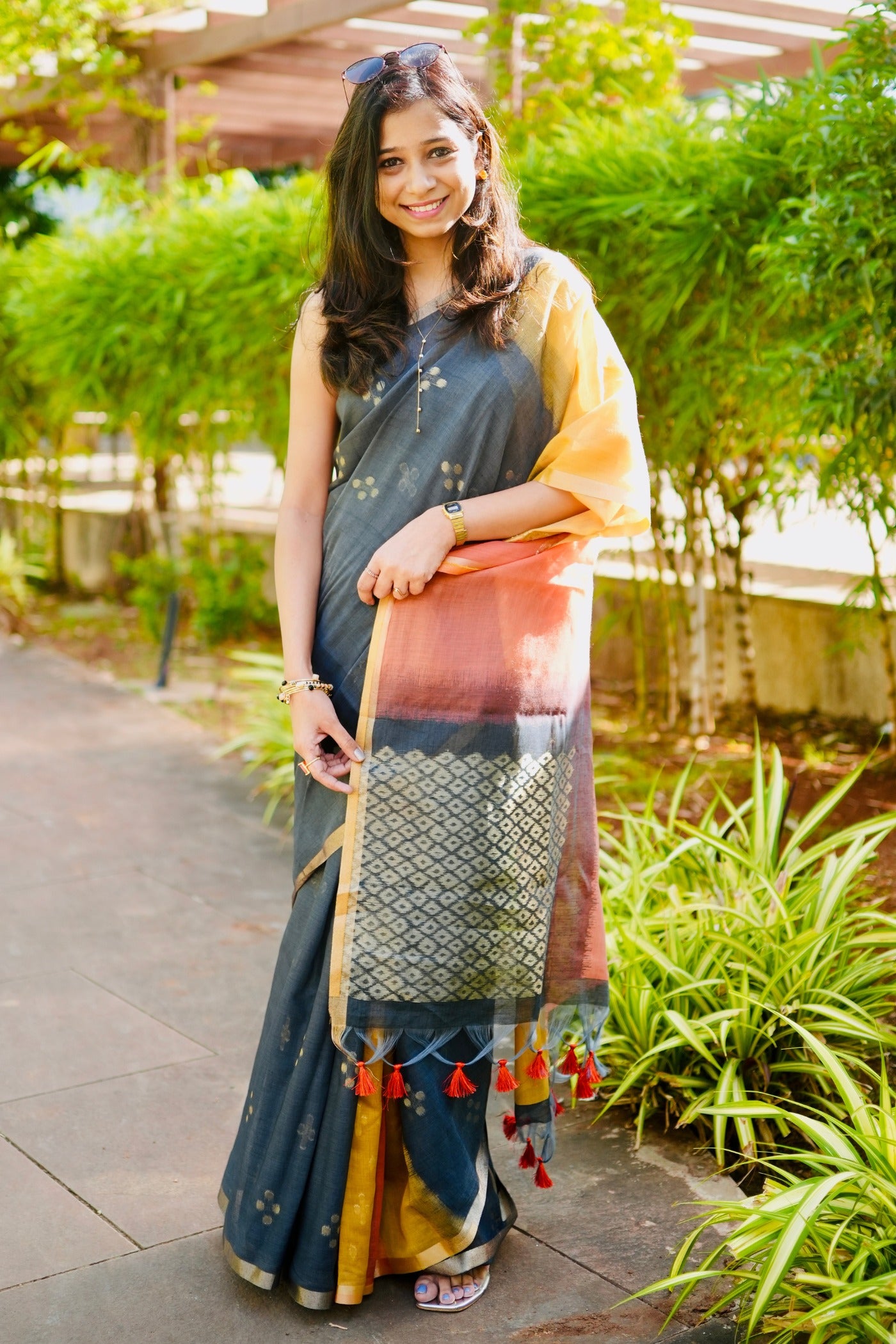 Buy MySilkLove Ink Black and Yellow Handloom Cotton Saree Online