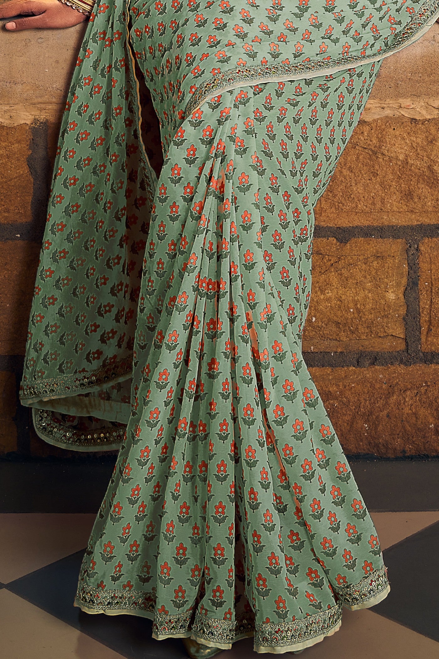 Buy MySilkLove Pista Green Georgette Digital Printed Saree Online