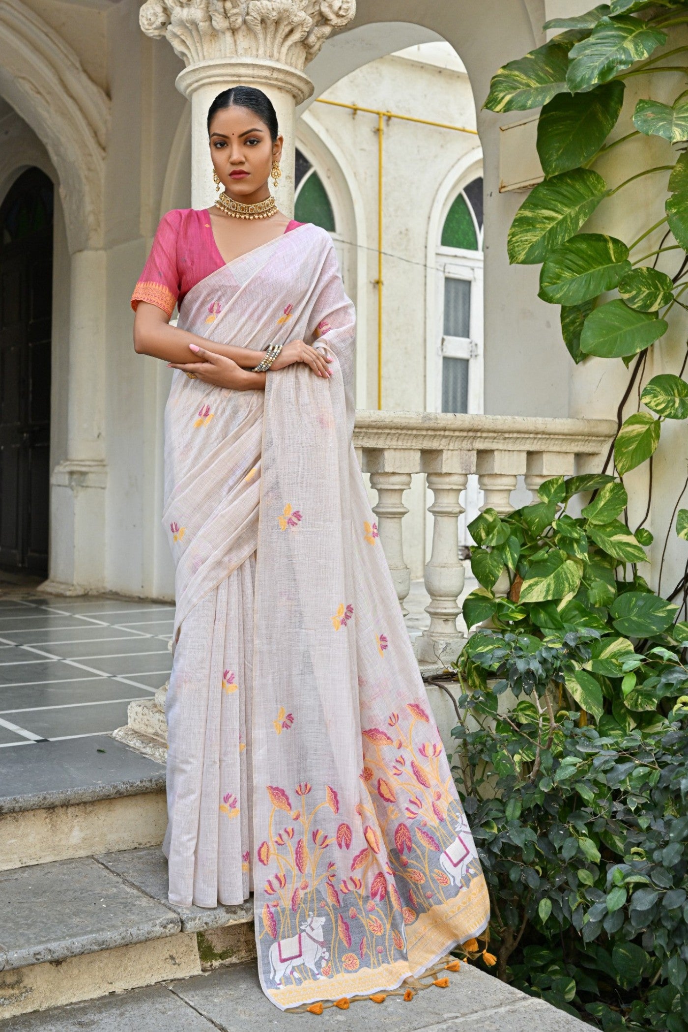 Buy MySilkLove Romance White and Pink Muga Cotton Saree Online