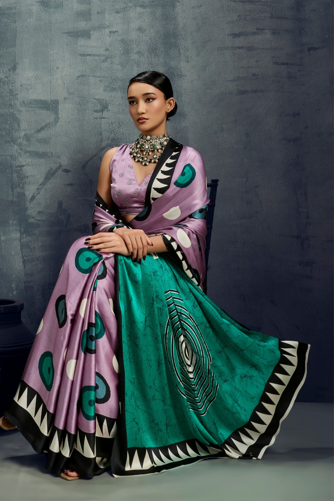 Buy MySilkLove Thistle Purple Ajrakh Printed Satin Crepe Silk Saree Online