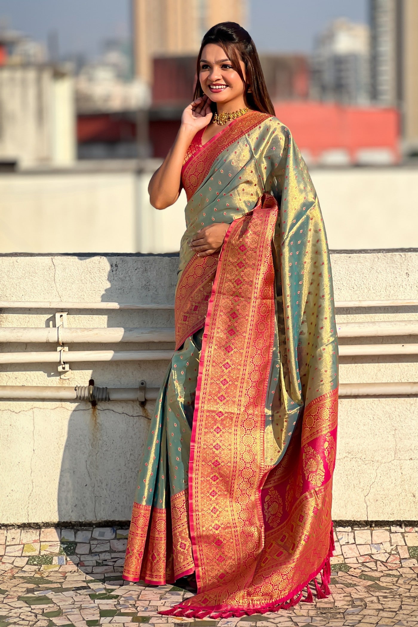 Buy MySilkLove Heathered Green Woven Banarasi Saree Online