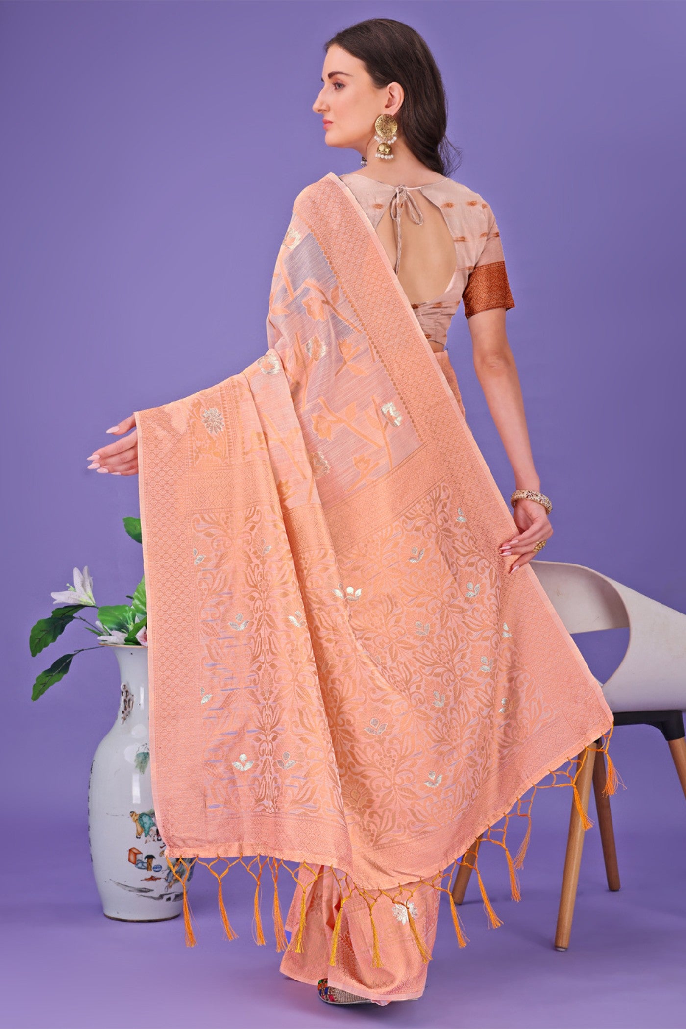 Buy MySilkLove Pum Peach Linen Cotton Saree Online