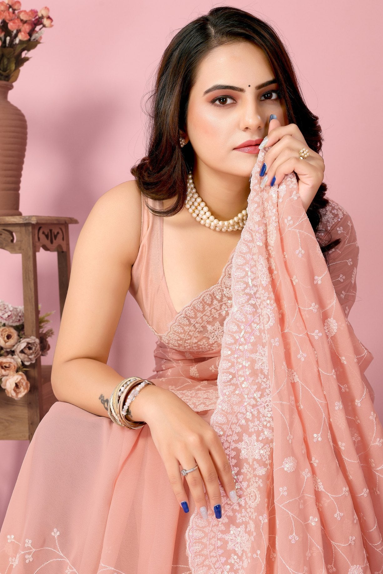 Buy MySilkLove Melon Peach Georgette Embroidered Silk Saree Online