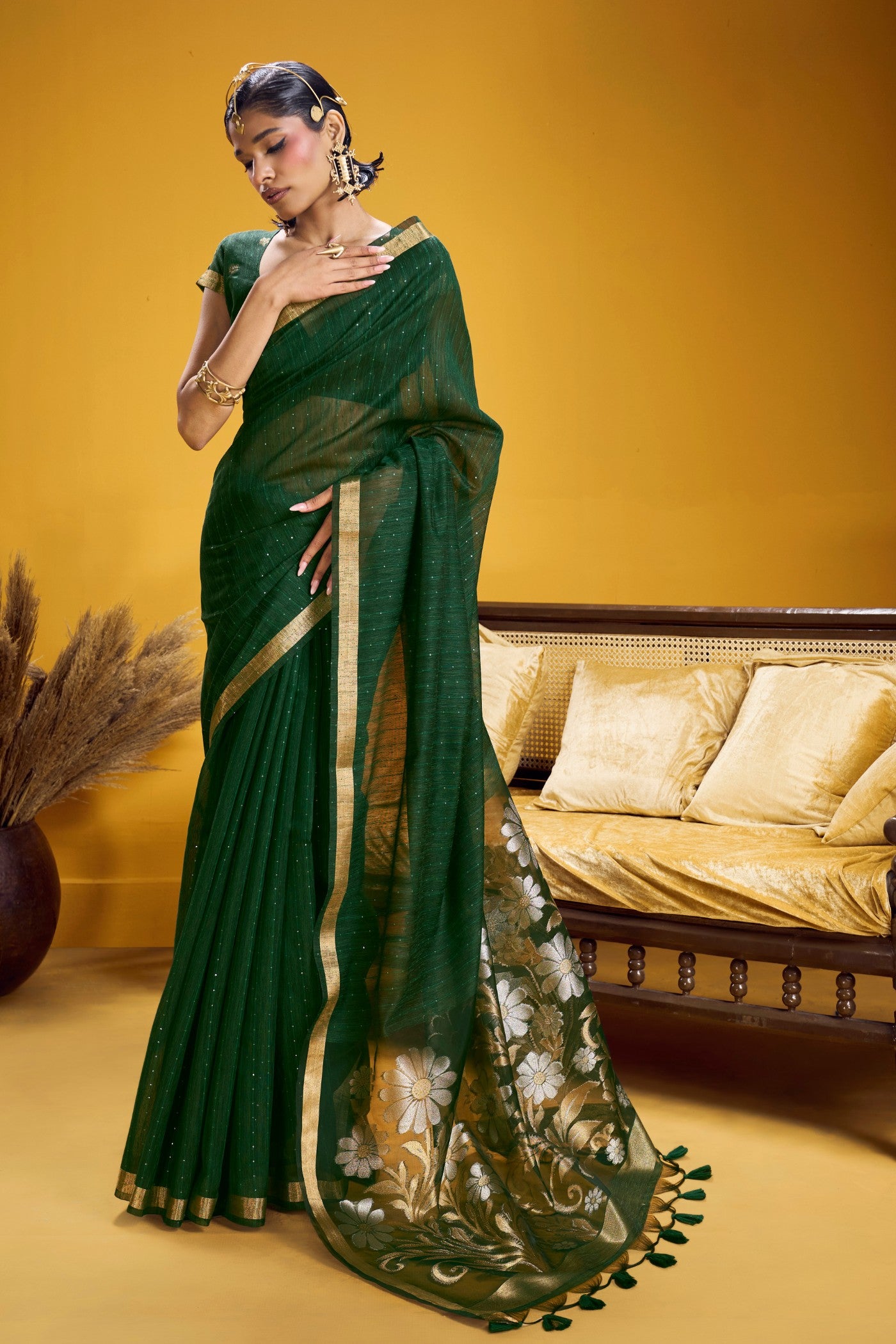 Buy MySilkLove Dark Green Munga Handloom Cotton Saree Online