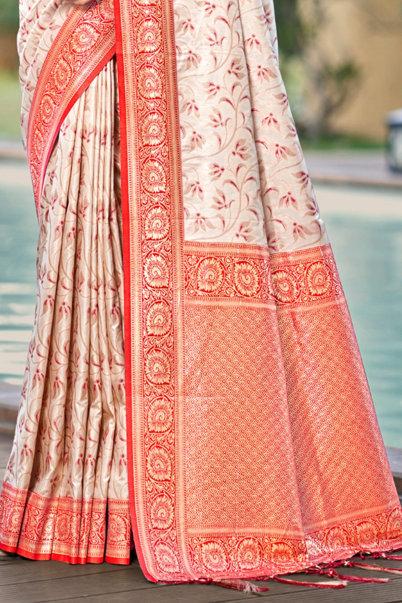 Buy MySilkLove New Cream and Red Woven Banarasi Saree Online