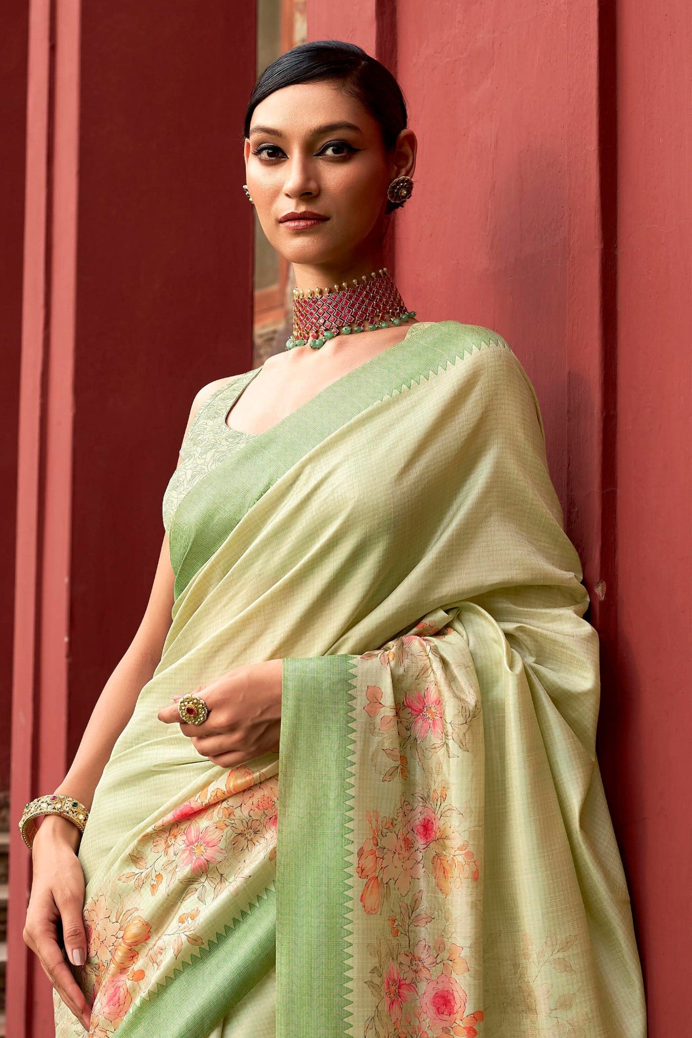 Buy MySilkLove Yuma Green Digital Printed Banarasi Saree Online