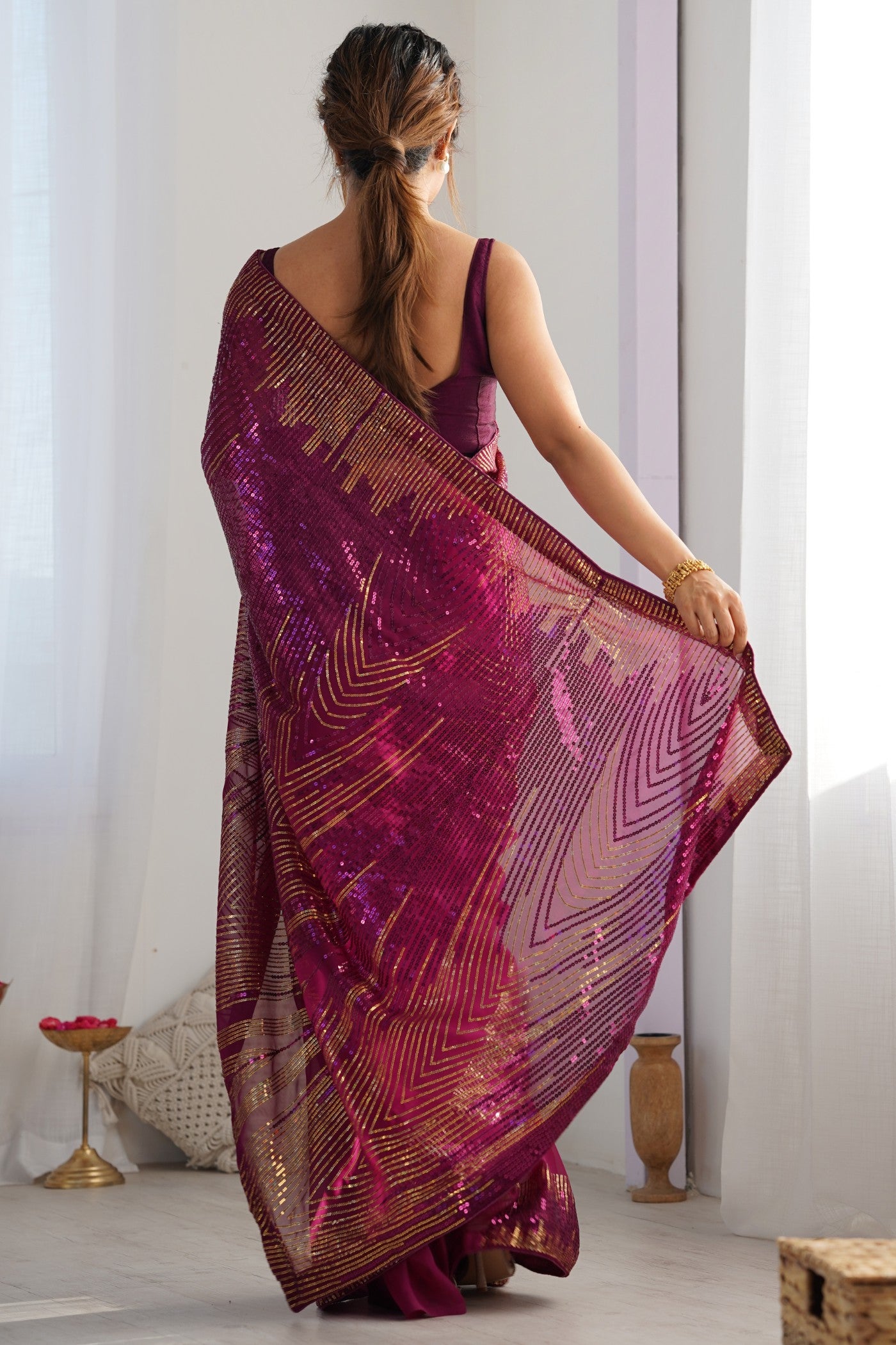 Buy MySilkLove Wine Purple Georgette Partywear Saree Online
