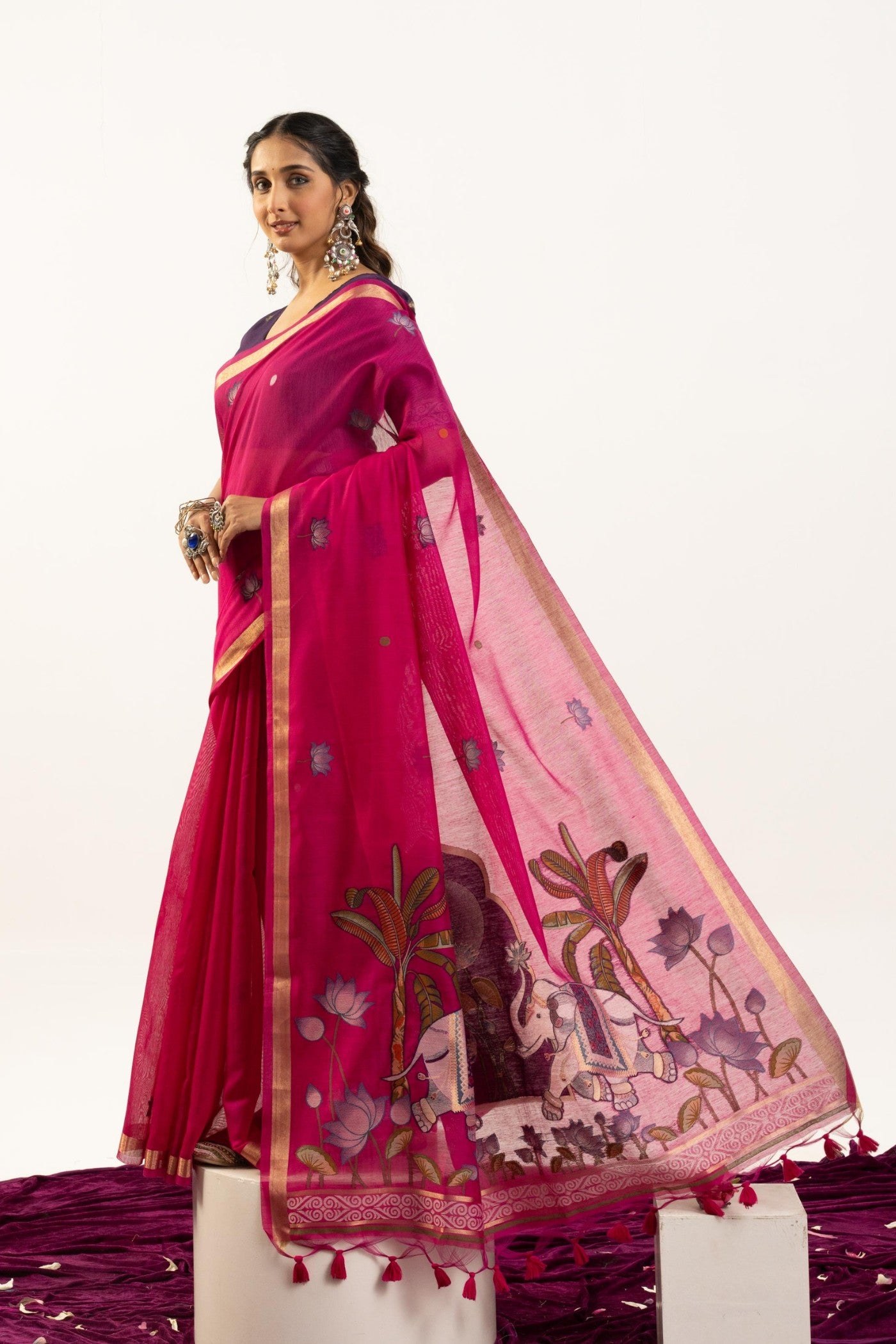 Buy MySilkLove Cherry Pink Woven Soft Muga Cotton Saree Online