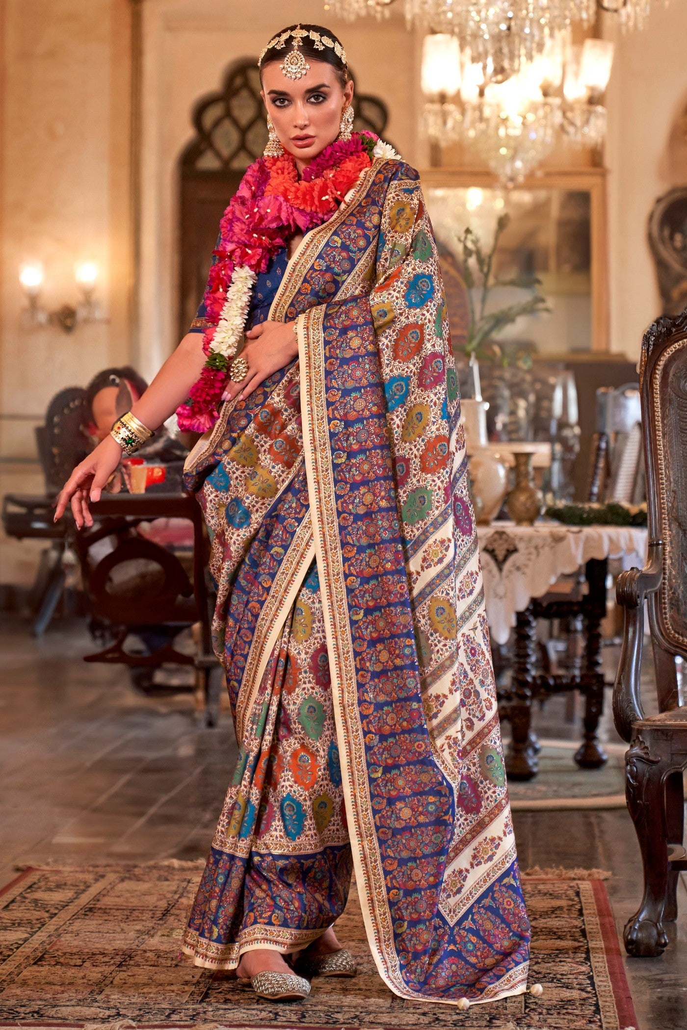 Buy MySilkLove Rodeo Beige and Blue Printed Jamewar Saree Online