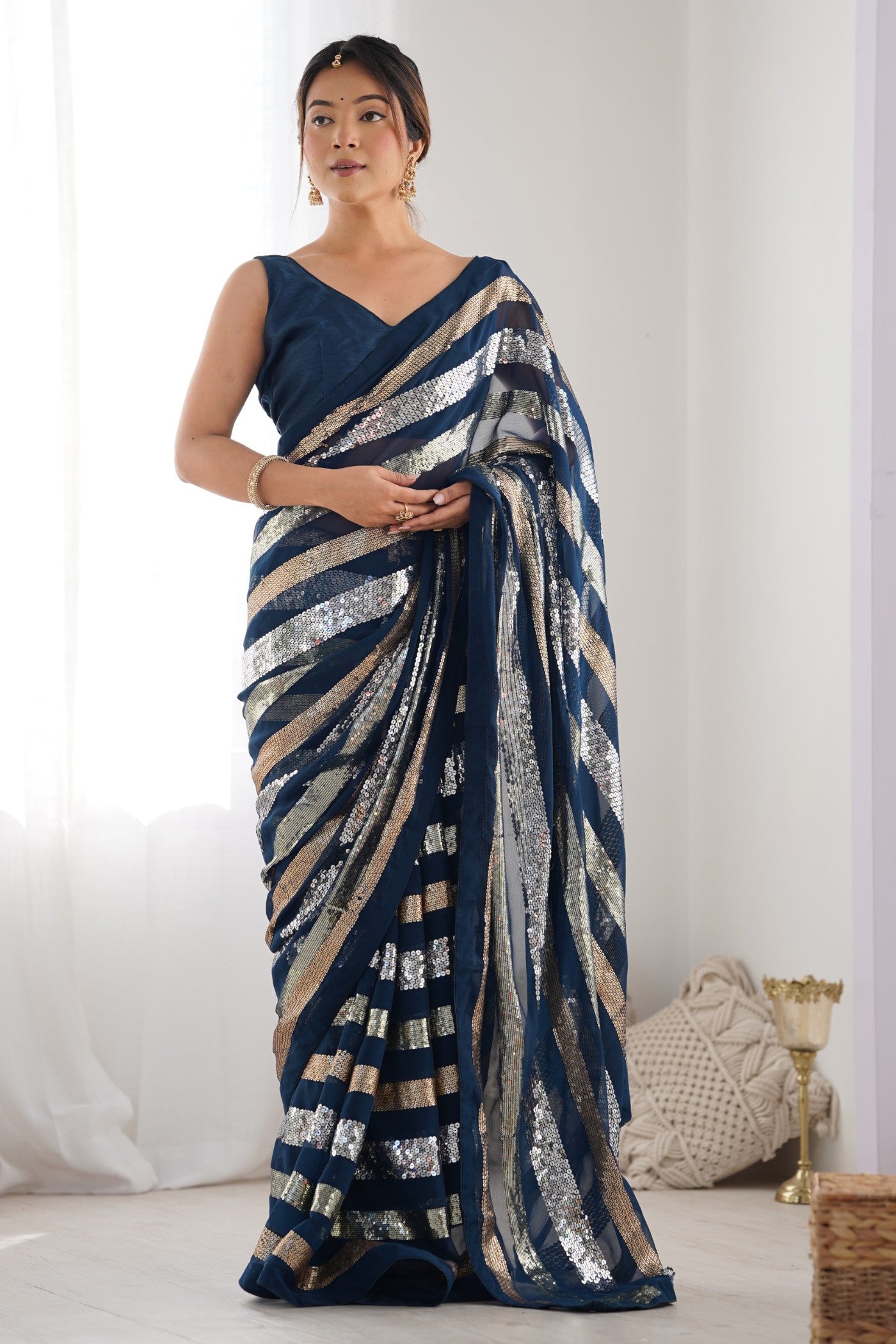 Buy MySilkLove Mirage Blue Georgette Partywear Saree Online