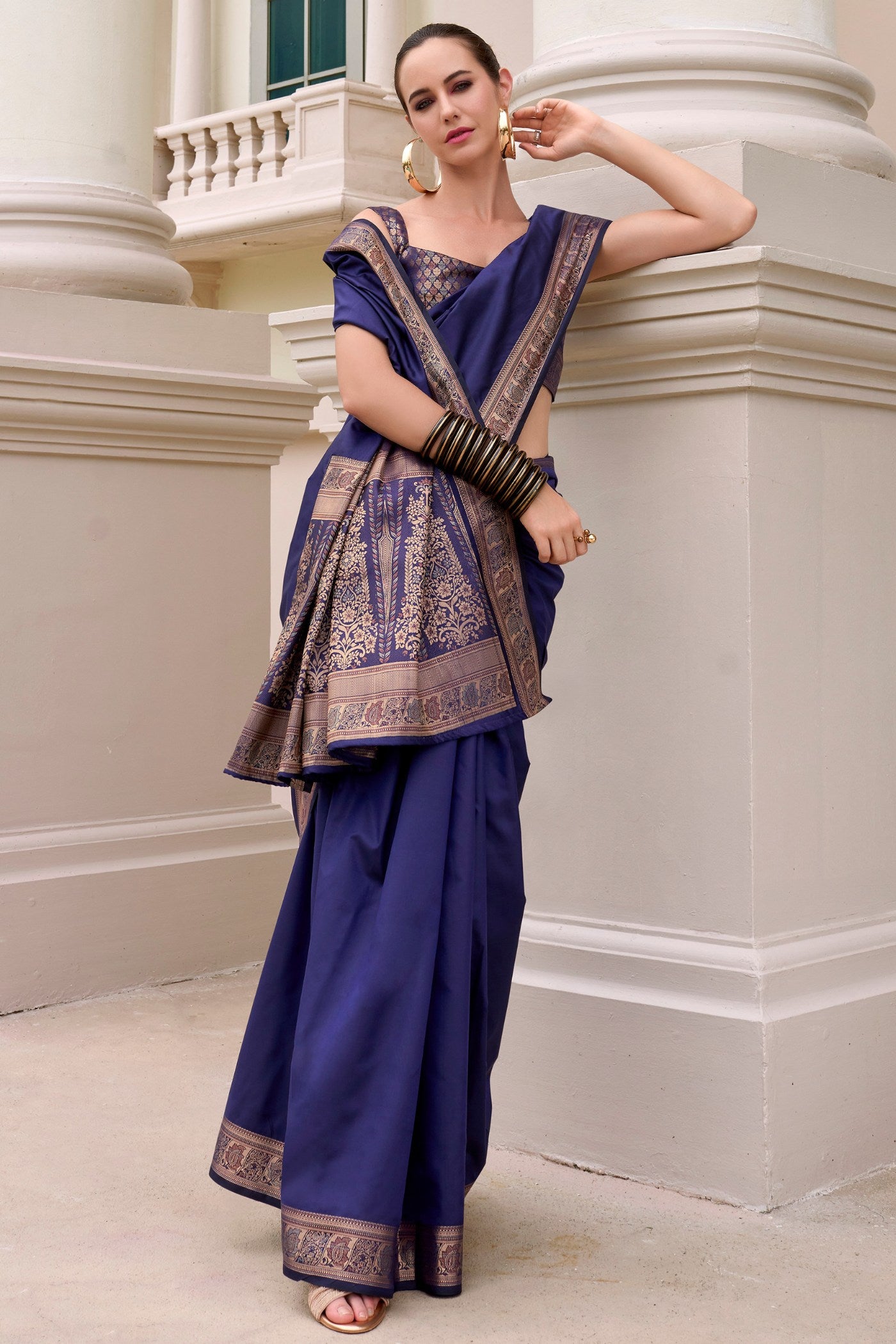 Buy MySilkLove Port Gore Blue Banarasi Handloom Saree Online