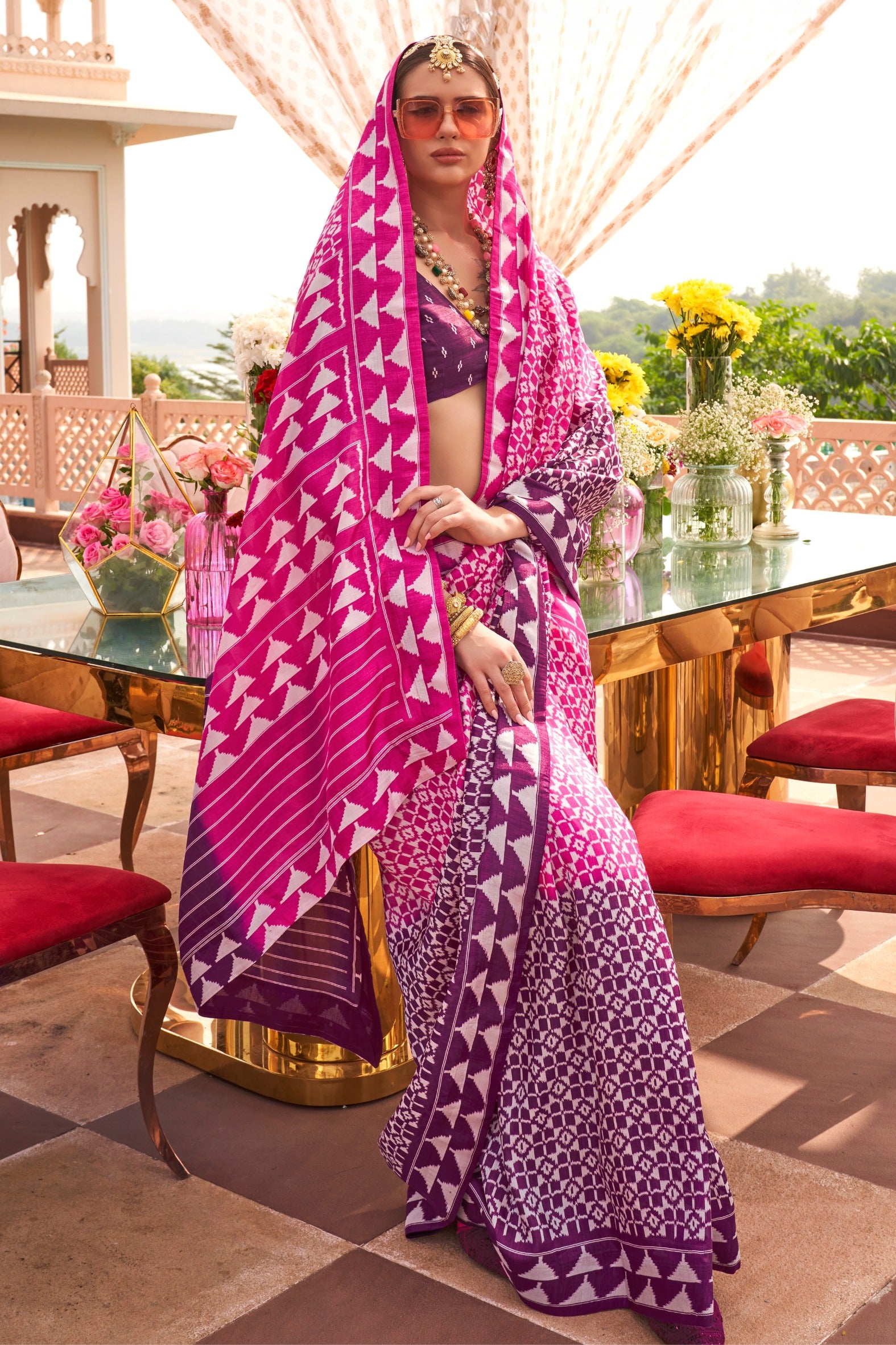 Buy MySilkLove Melon Pink and Purple Printed Patola Saree Online