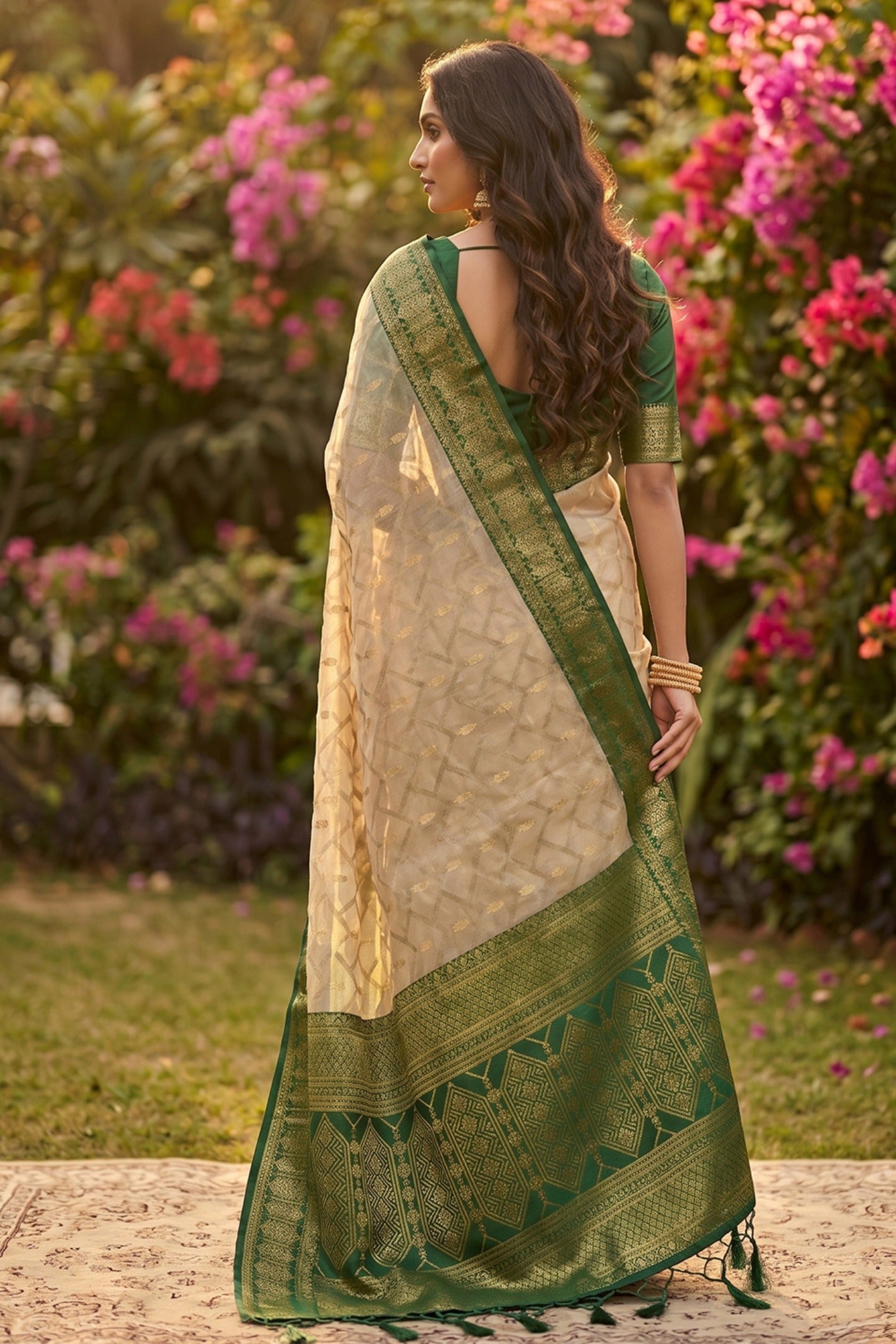Buy MySilkLove Coconut Cream and Green Woven Banarasi Cotton Saree Online