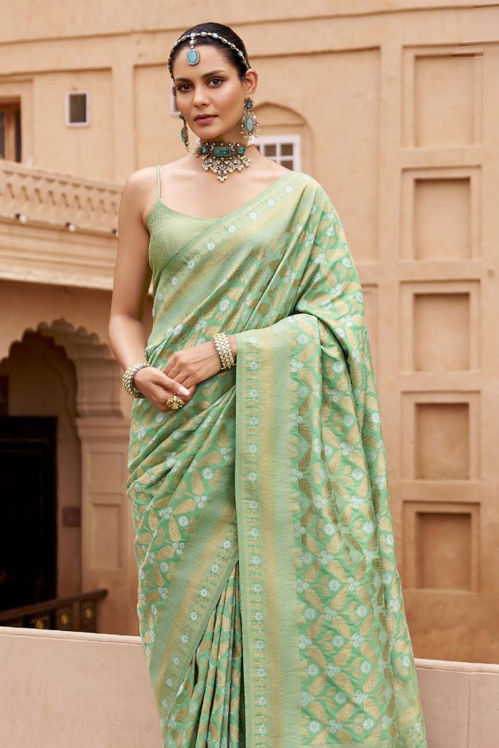 Buy MySilkLove Lime Green Woven Banarasi Saree Online