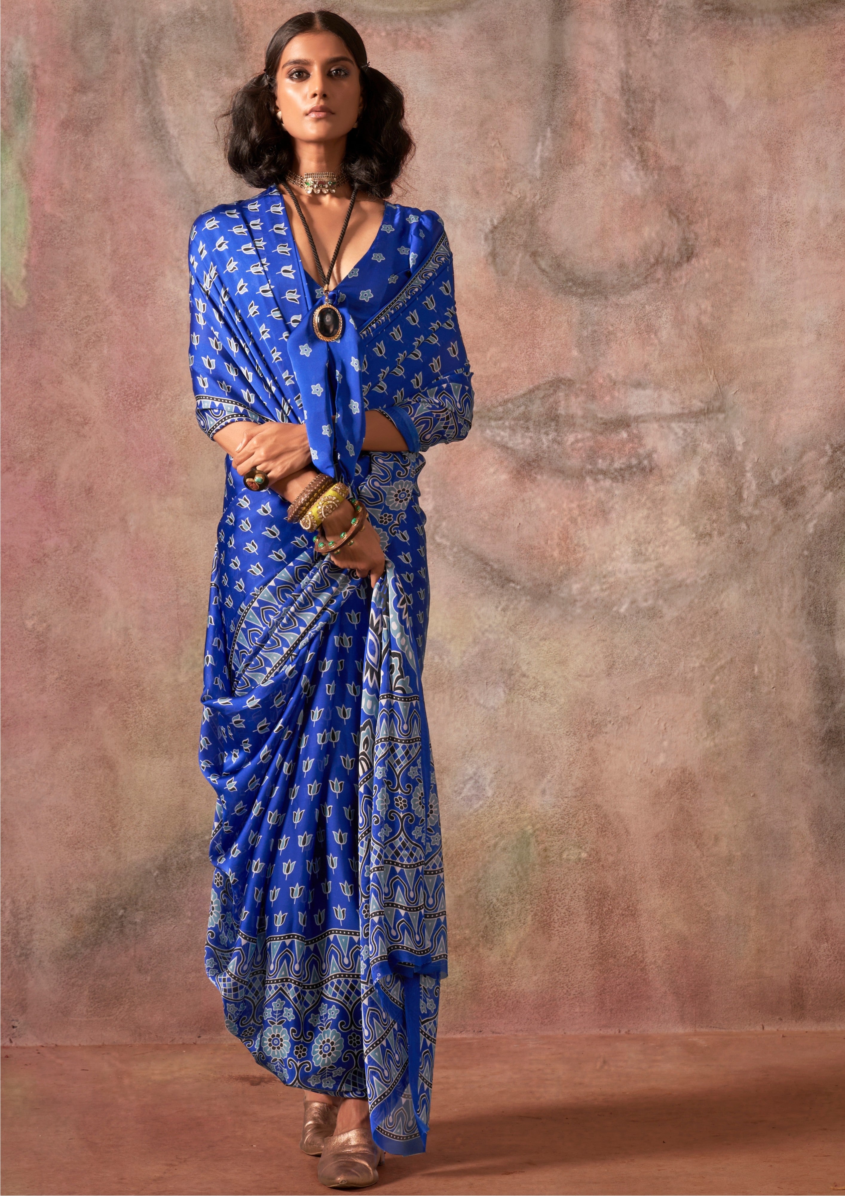 MySilkLove Lazuli Blue Ajrakh Printed Satin Georgette Silk Saree