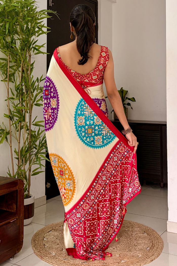 Buy MySilkLove Biscuit Cream and Red Modal Ajrakh Satin Printed Mirror Work Saree Online