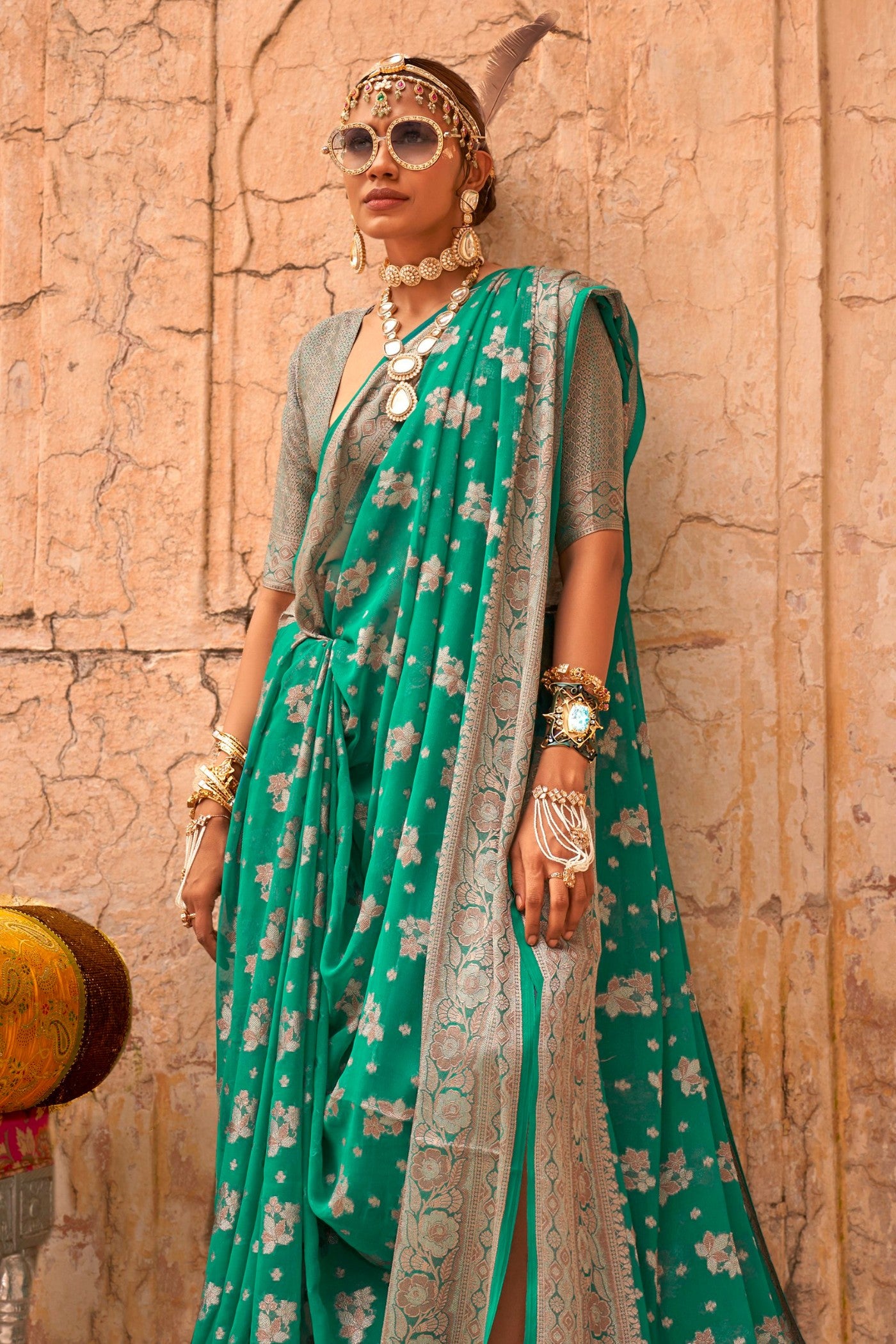 Buy MySilkLove Jungle Green Zari Woven Georgette Saree Online