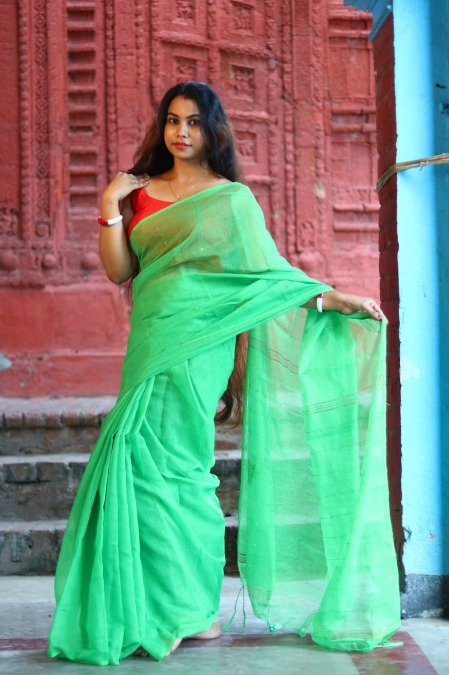Buy MySilkLove Pista Green Cotton Sequence Chumki Saree Online