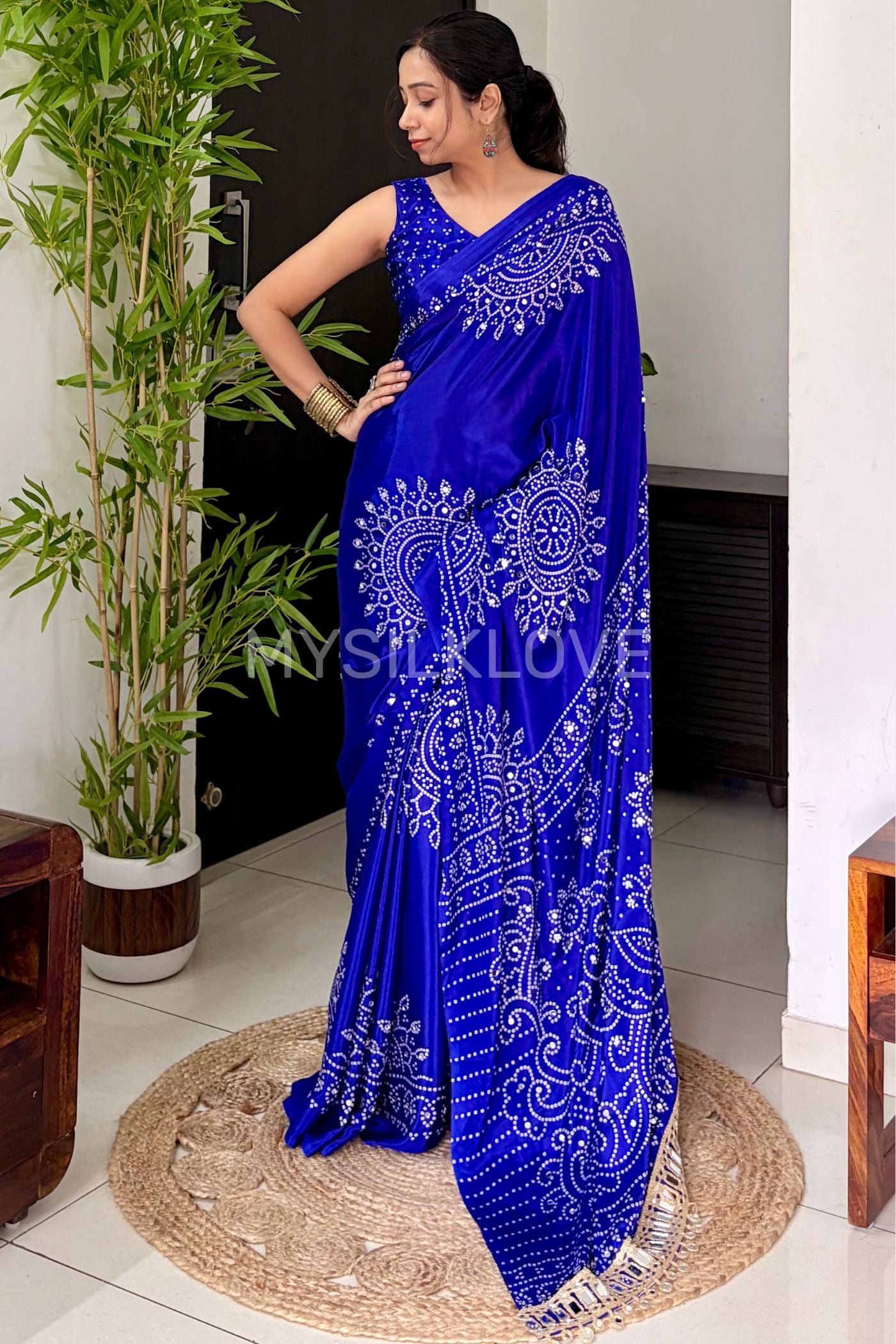 Buy MySilkLove Prussian Blue Bandhani Gaji Satin Mirror Work Silk Crepe Saree Online
