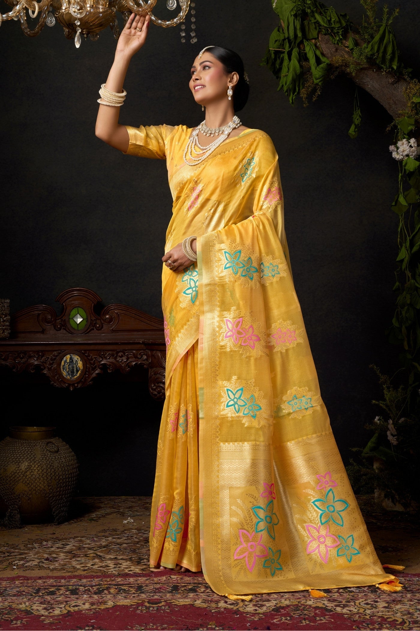 Buy MySilkLove Lemon Yellow Woven Banarasi Organza Saree Online