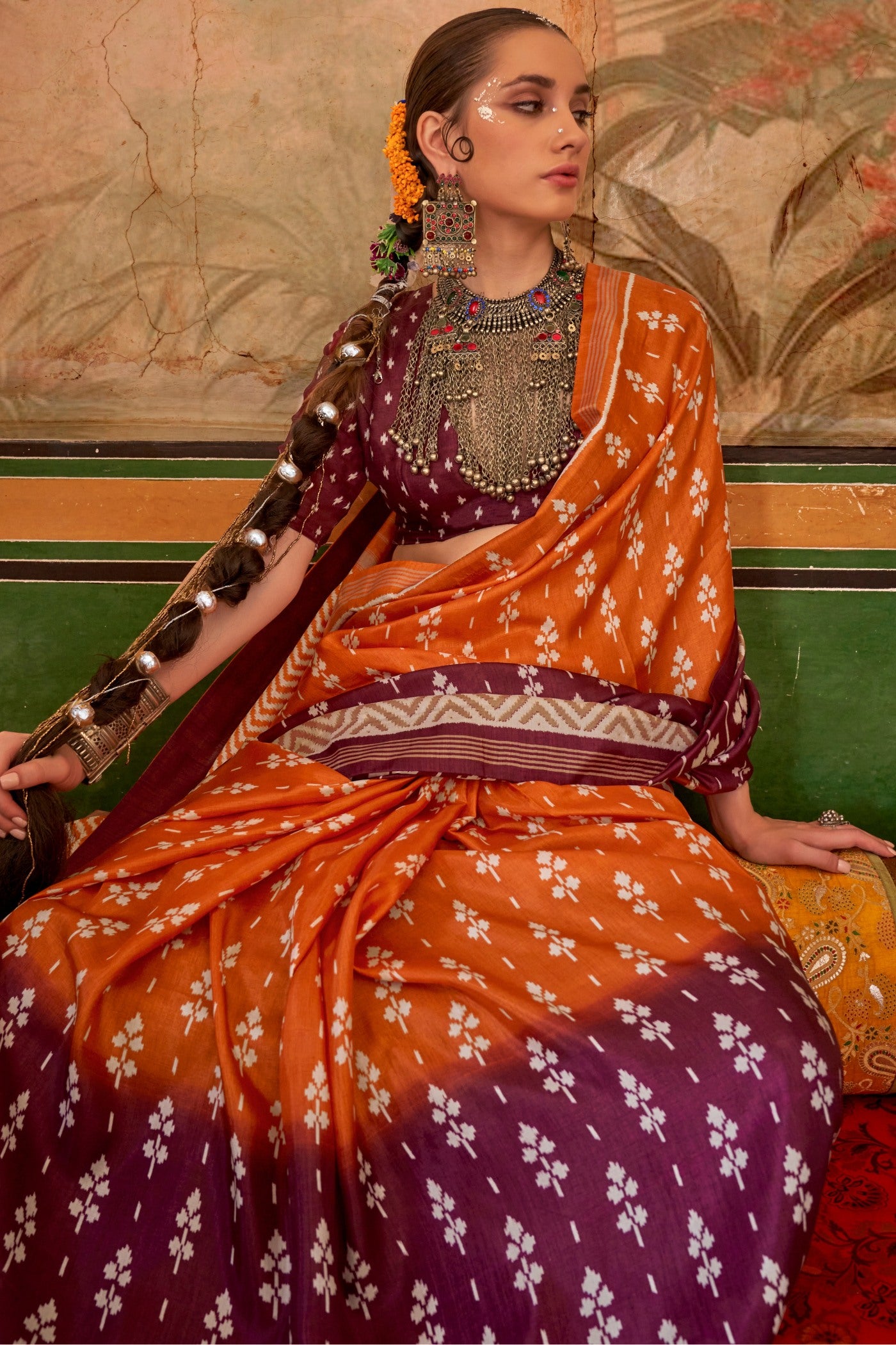 MySilkLove Flamingo Orange and Brown Printed Patola Saree