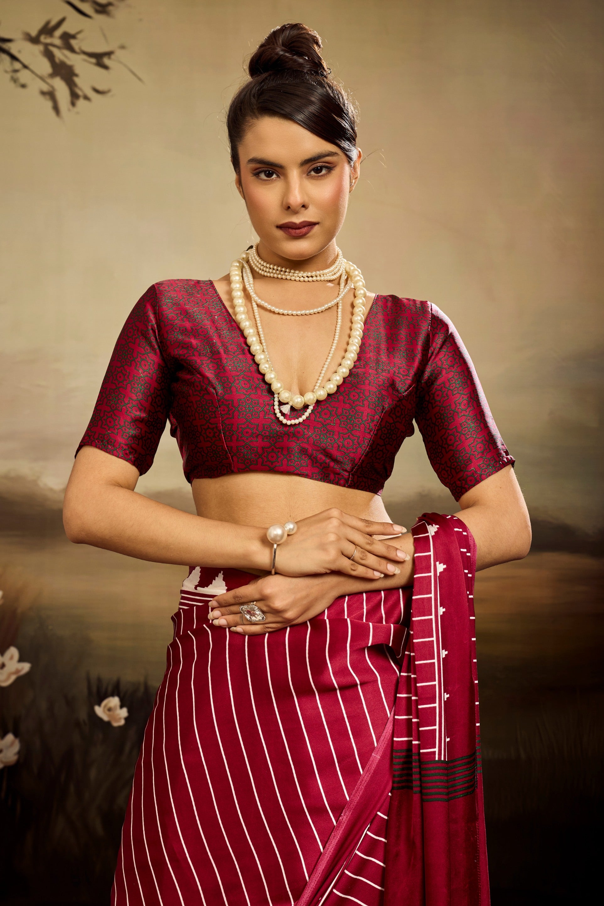 Buy MySilkLove Falun Red Ajrakh Printed Satin Crepe Silk Saree Online