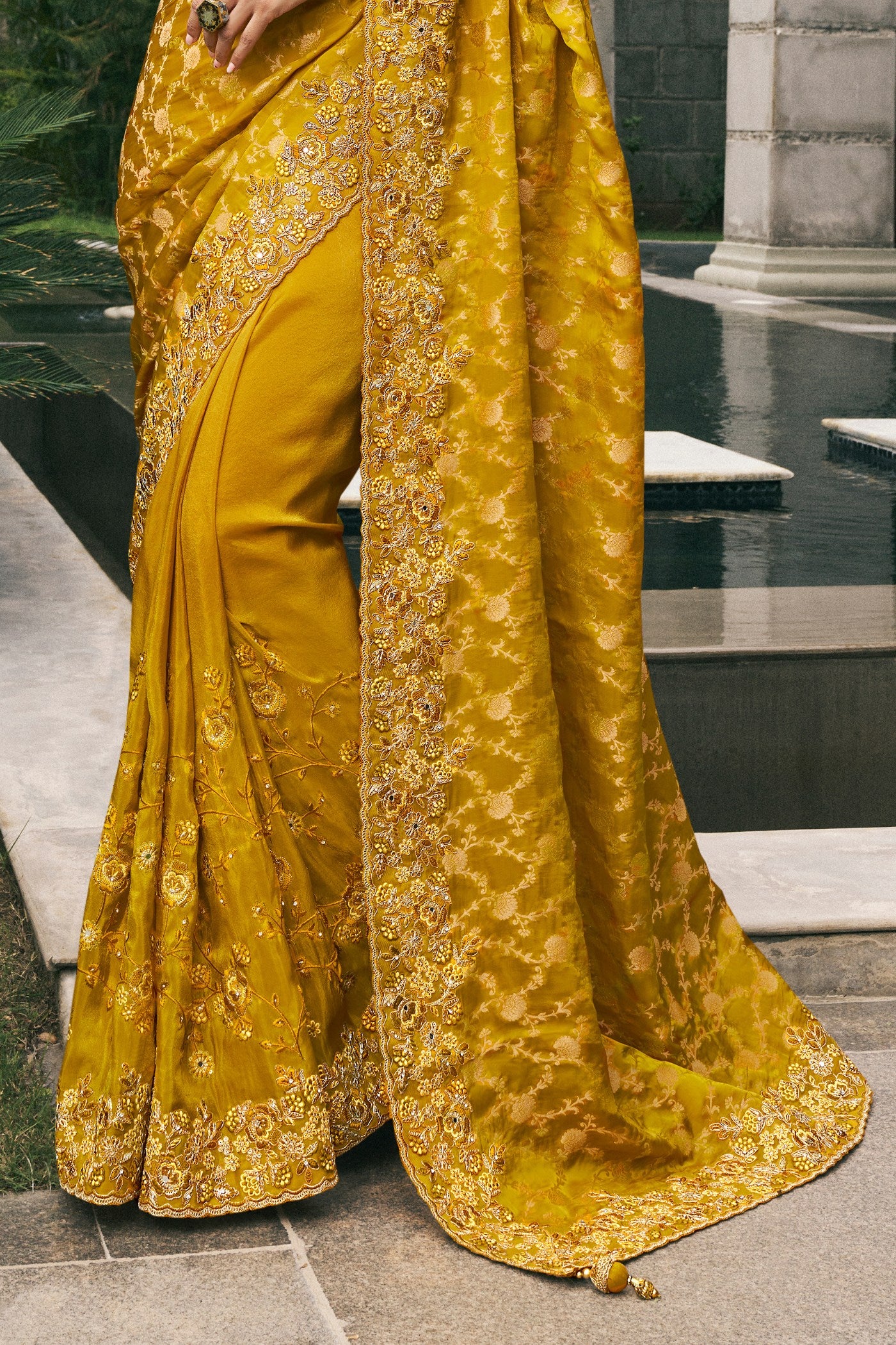 Buy MySilkLove Mango Yellow Banarasi Designer Embroidered Saree Online