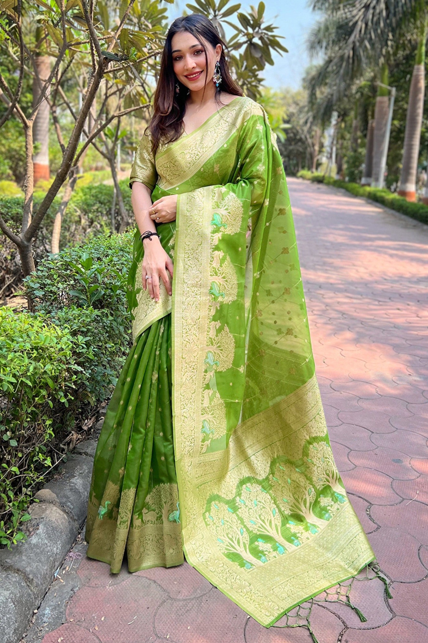 Buy MySilkLove Celery Green Woven Organza Saree Online