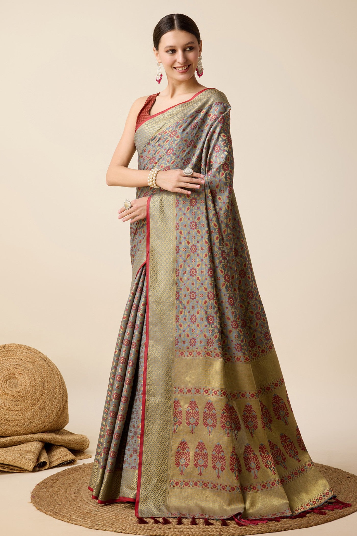 Buy MySilkLove Gunmetal Grey Zari Woven Banarasi Saree Online