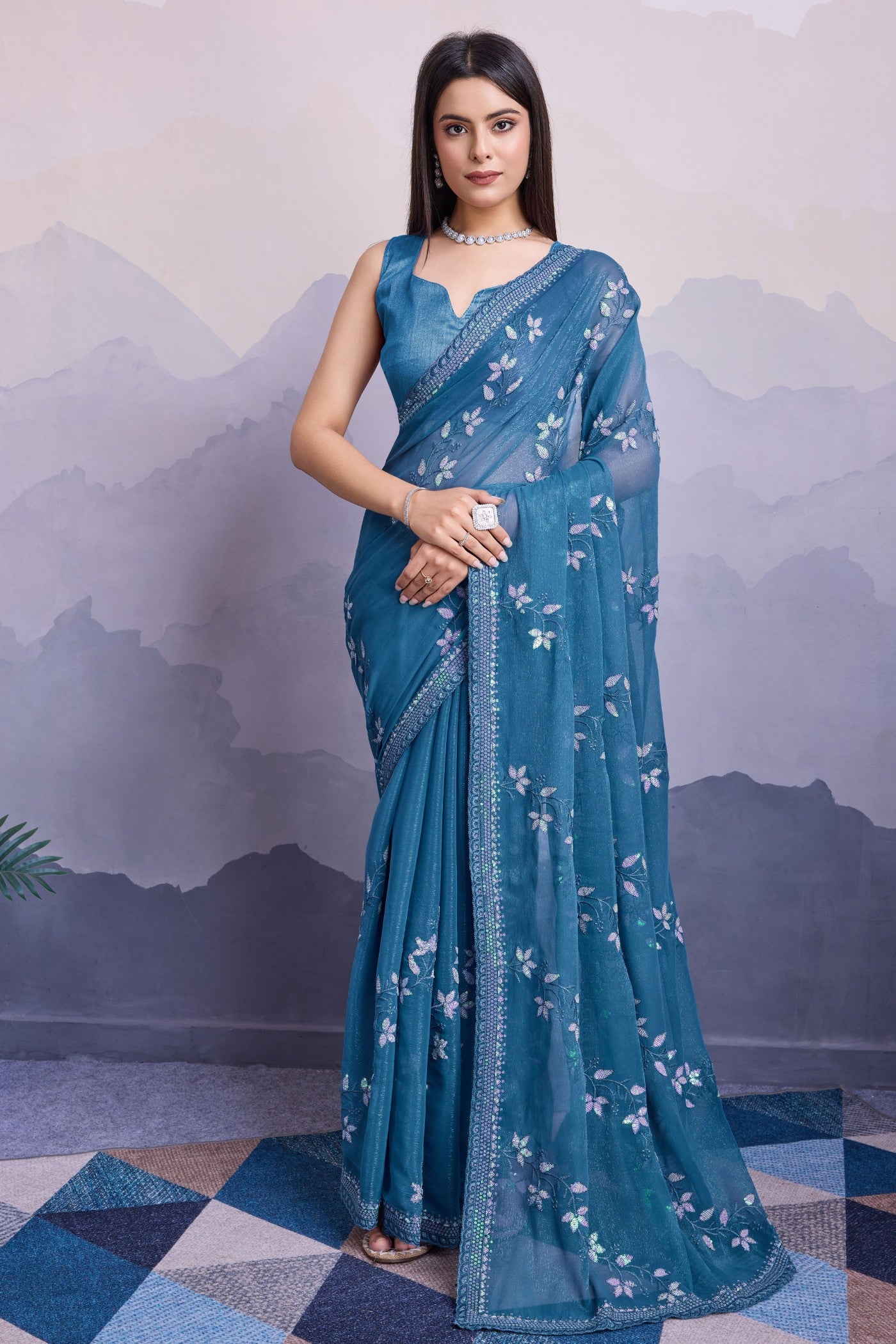 Buy MySilkLove Celadon Blue Embroidered Designer Chiffon Saree Online