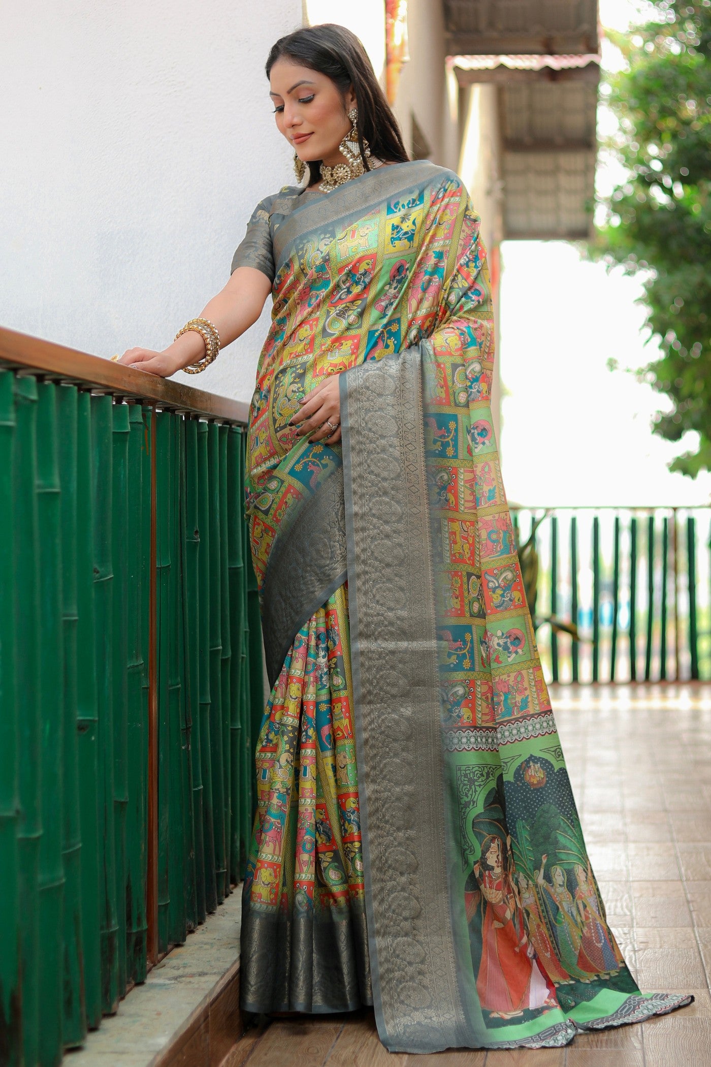 Buy MySilkLove Multicolor Green Digital Printed Kalamkari Saree Online