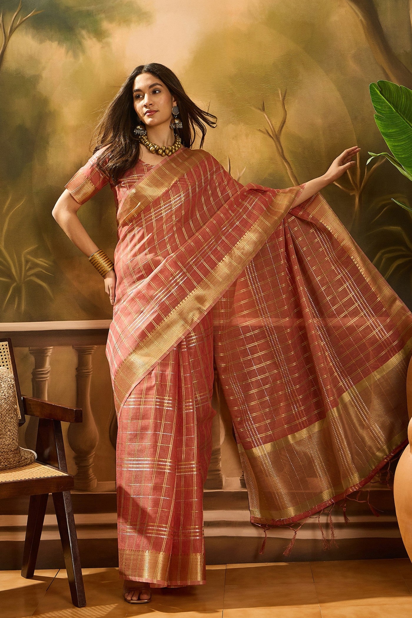 Buy MySilkLove Rust Peach Woven Organza Saree Online