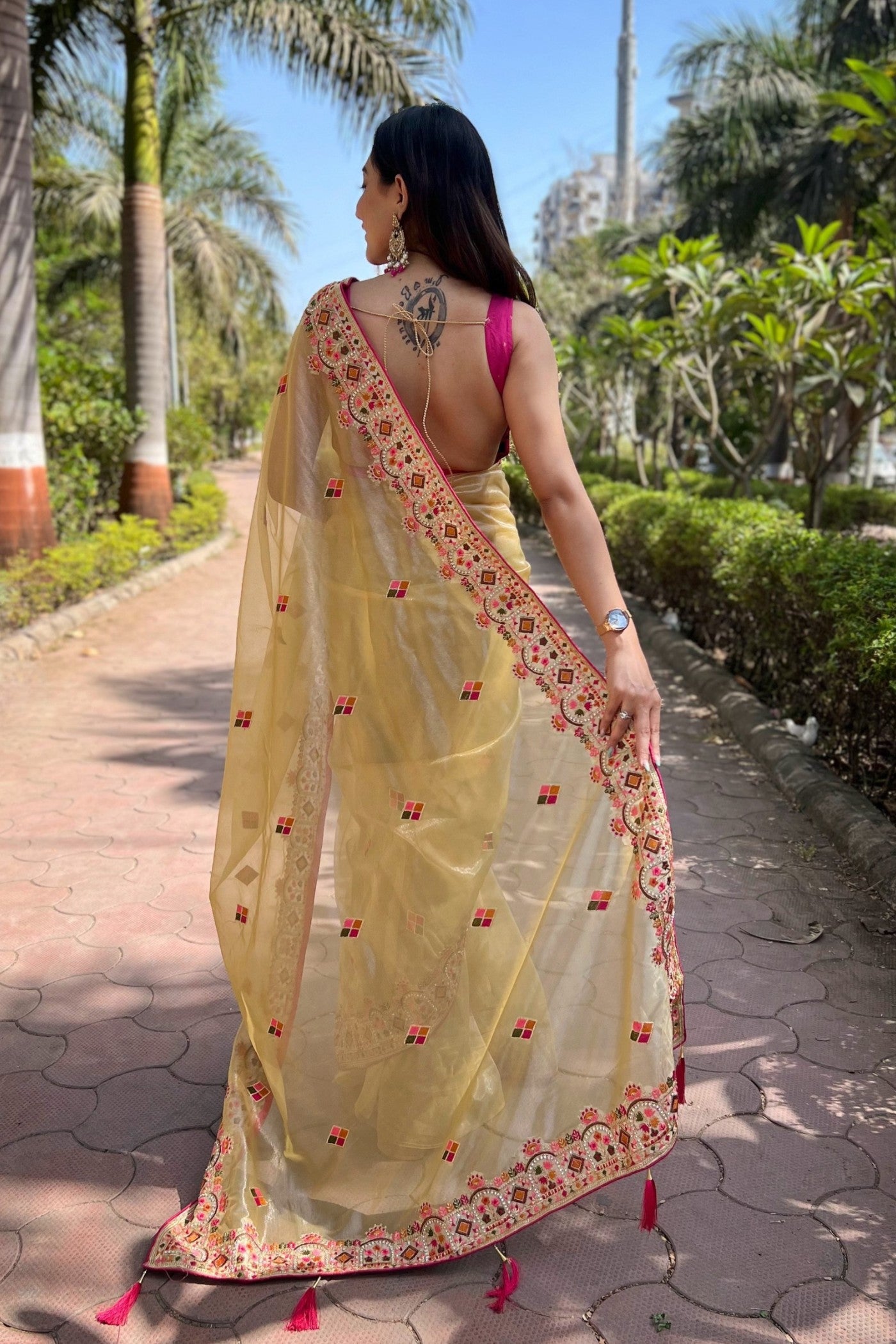 Buy MySilkLove Blonde Yellow Embroidered Tissue Silk Saree Online