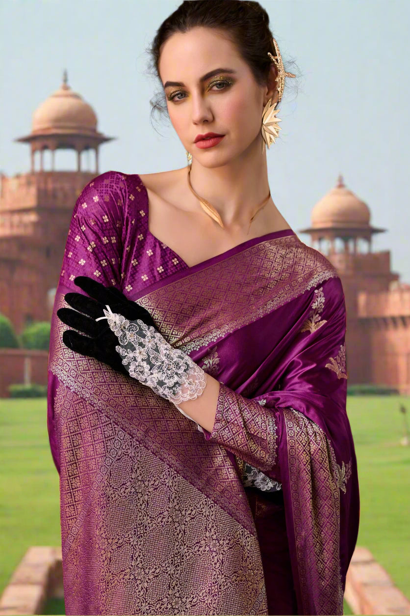 Buy MySilkLove Rasian Purple Handloom Satin Banarasi Saree Online