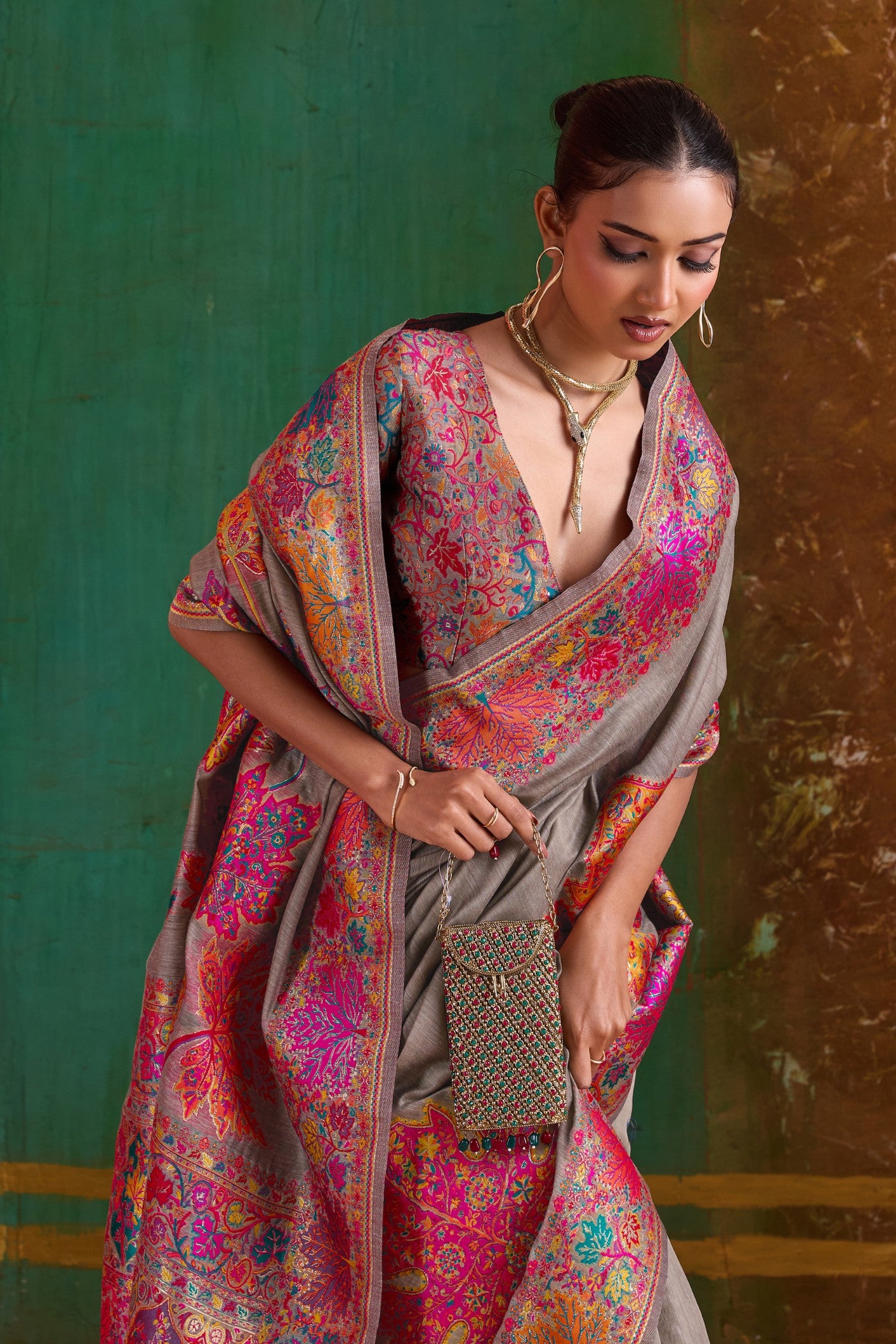 MySilkLove French Grey Kashmiri Handloom Jamewar Saree