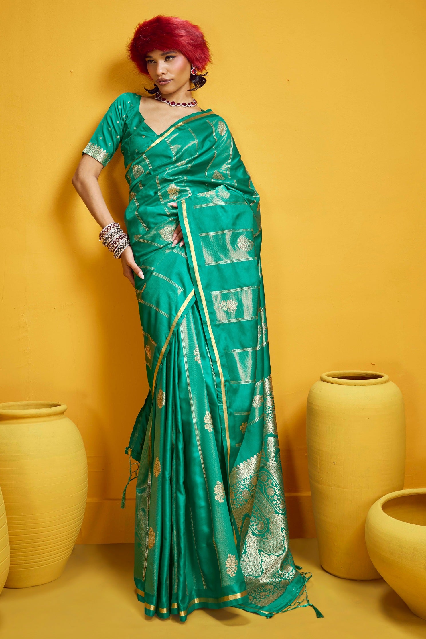 Buy MySilkLove Forest Green Banarasi Handloom Satin Silk Saree Online